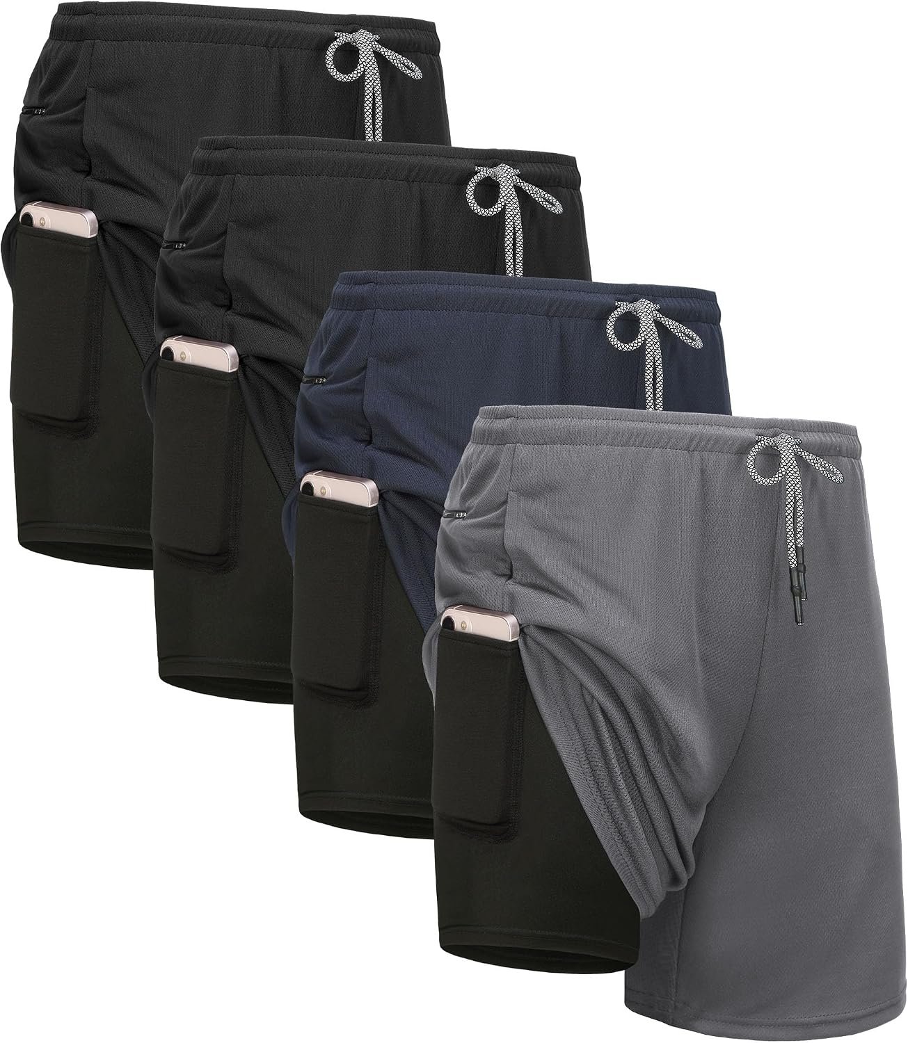 Kinglaman 1/4 Pack Men’s 2 in 1 Lined Running Shorts Gym Athletic Shorts | Built-in Liner, Quick Dry Fabric, Convenient Pockets, Breathable Stretch Fit, for Running, Gym Training, Workout, Sports