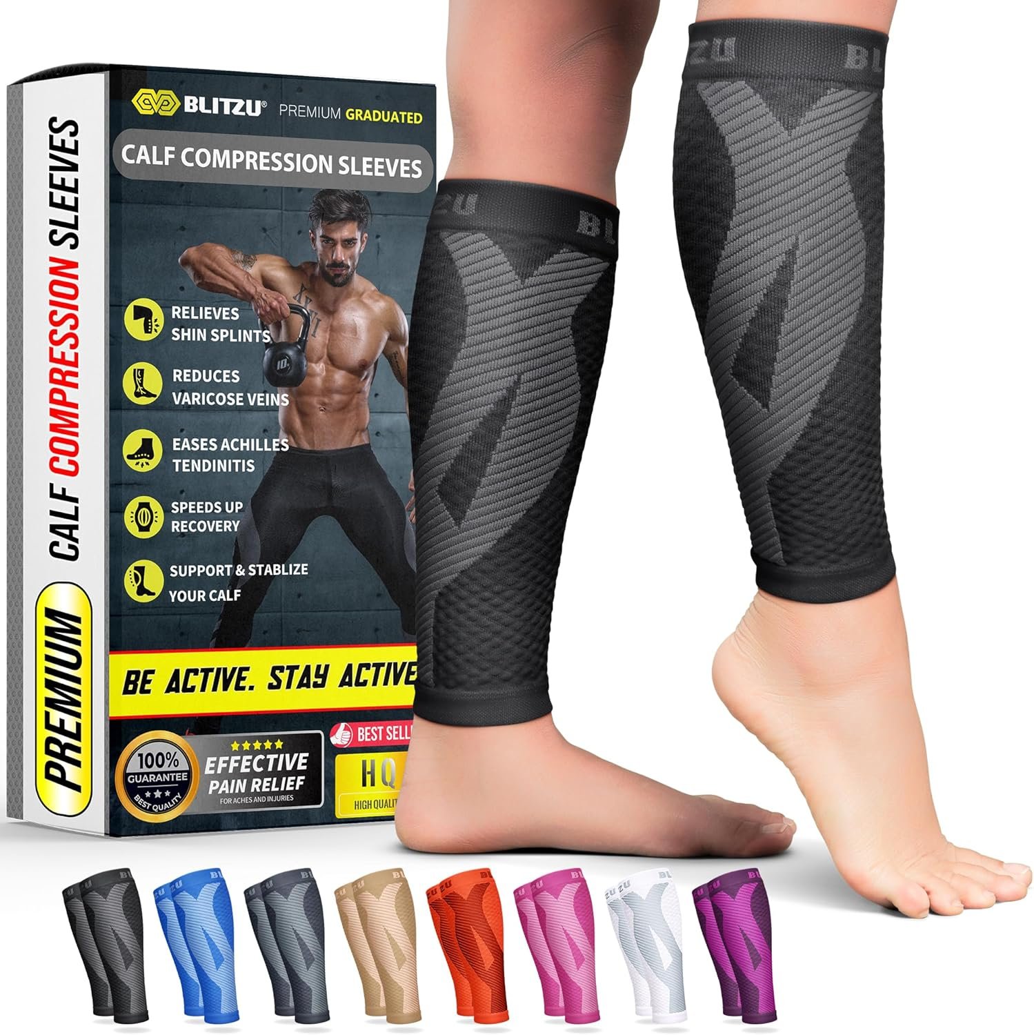 BLITZU Calf Compression Sleeves, Footless Compression Socks for Men & Women | Leg Support Brace, Shin Splint Pain Relief, Reduce Varicose Vein Swelling, Muscle Recovery, Running, Nursing, Fitness, Travel