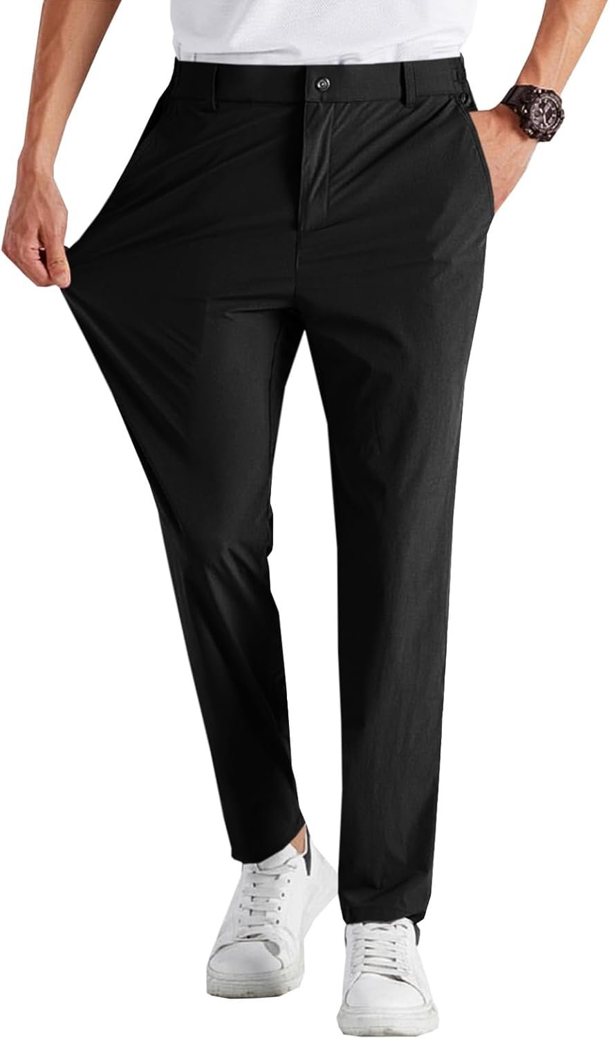 Runcati Mens Stretch Golf Pants Casual Dress Pants Work Trousers | Slim Fit, Quick Dry, Lightweight, Comfy, Slacks, Pockets, Elastic Waist, Tapered, Cropped, 30″, 29″, Chino