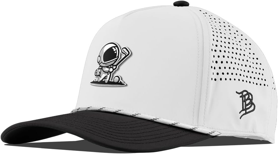 Branded Bills Moon Shot Curved 5 Panel Rope Hat for Men | Raised PVC rubber patch, moisture-wicking sweatband, breathable perforated side panels, water-resistant shell