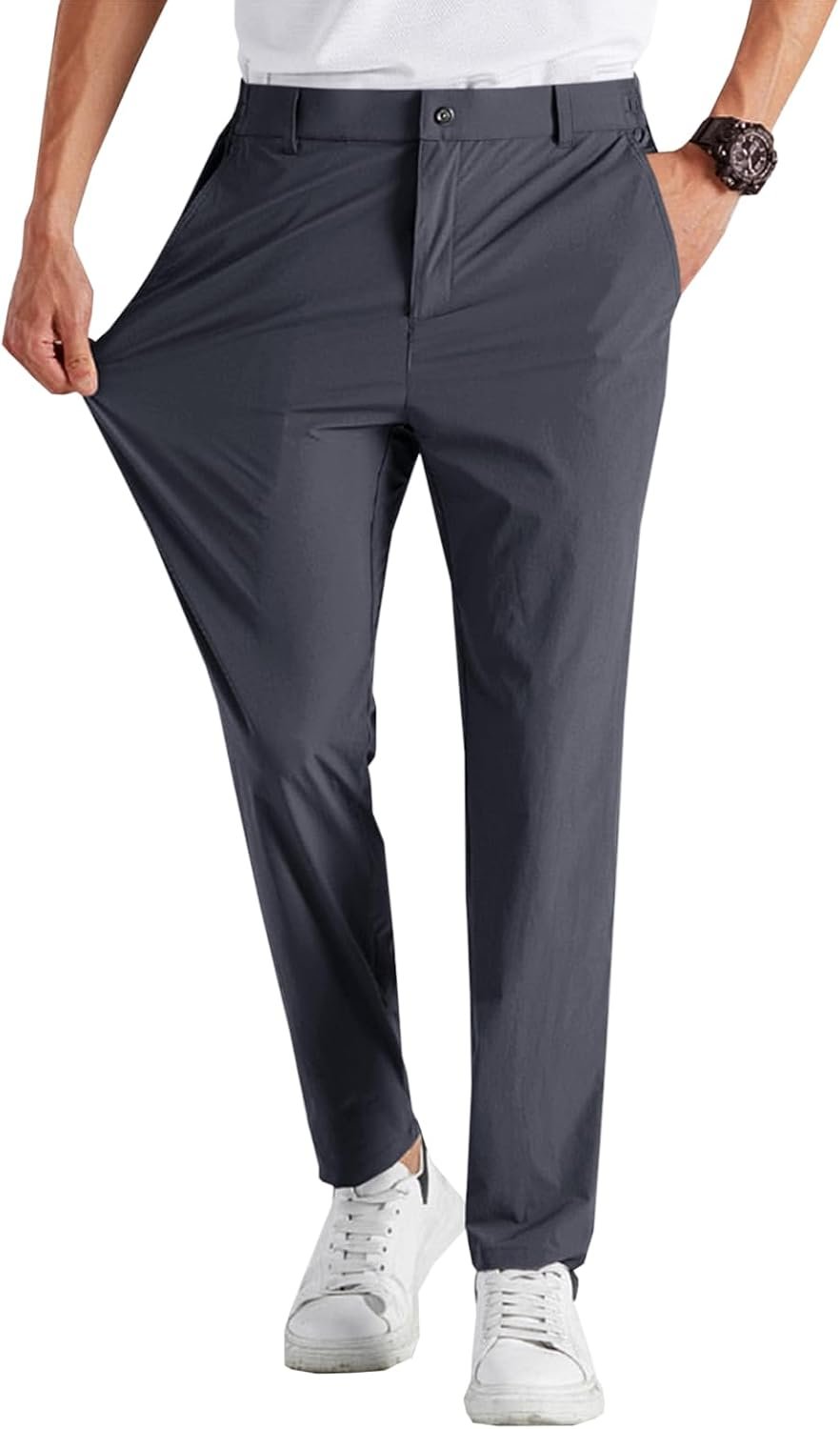Runcati Mens Stretch Golf Pants Casual Dress Pants Work Trousers | Slim Fit, Quick Dry, Lightweight, Comfy, Slacks, Pockets, Elastic Waist, Tapered, Cropped, 30″, 29″, Chino