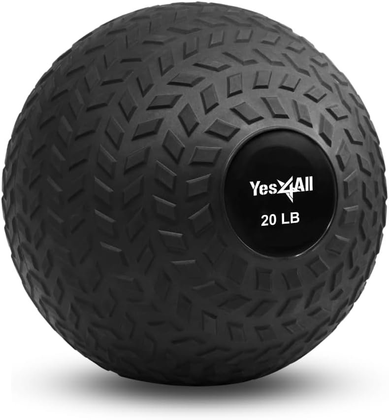 Yes4All Slam Balls, 10-40lb Weighted Ball Weight, Durable PVC Sand Filled Workout Dynamic Slam Ball for Strength Training, Tread, Black, 20lbs