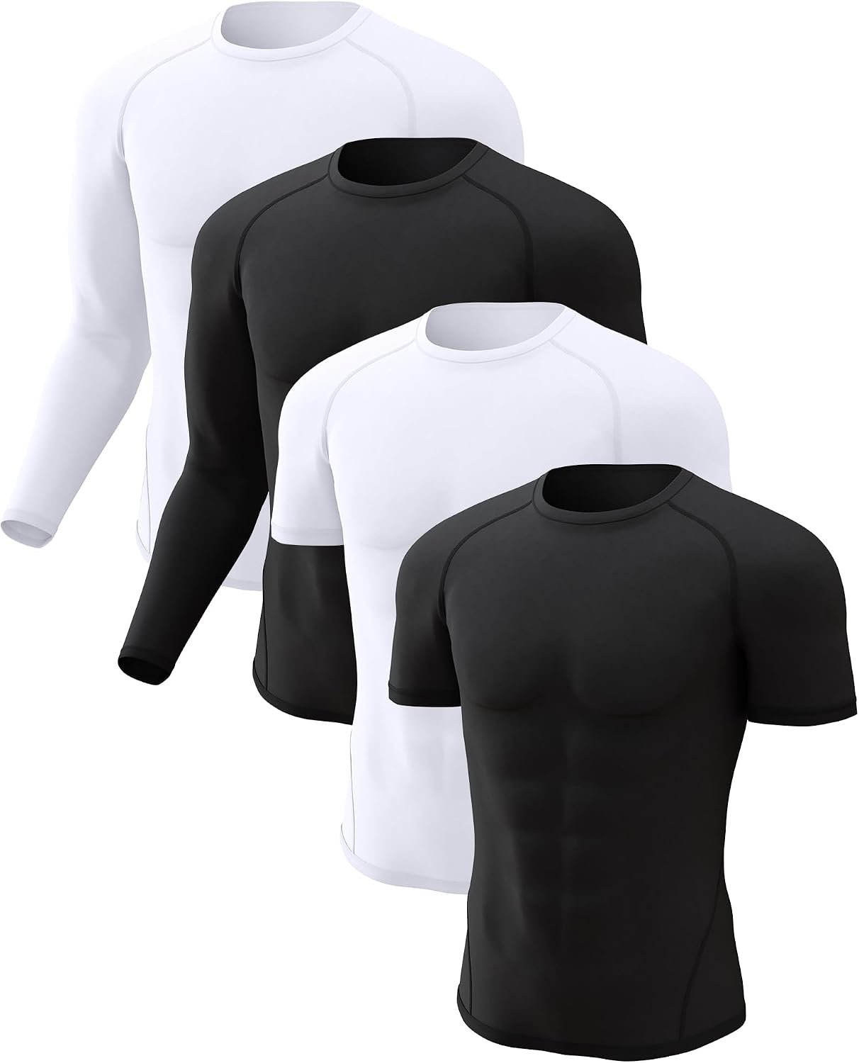 4 Pack Men’s Compression Shirts Long Short Sleeve Rash Guard Workout Top | Polyester/Spandex, cooling dry fit, breathable, stretchable, lightweight, moisture-wicking, t-shirt for athletic sport gym