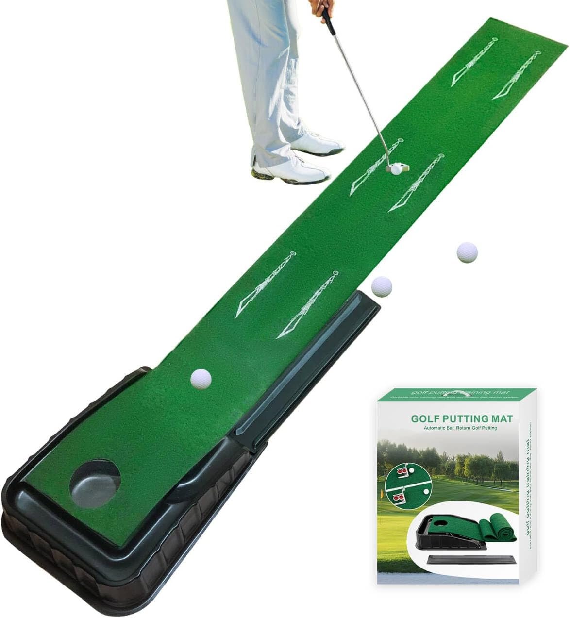 MYKUJA Putting Green Indoor Golf Putting Mat with Auto-Ball Return – Putter Alignment Guides at 3,5,7 Ft – Mini Golf Practice Mat for Home or Office – Golf Gifts for Men