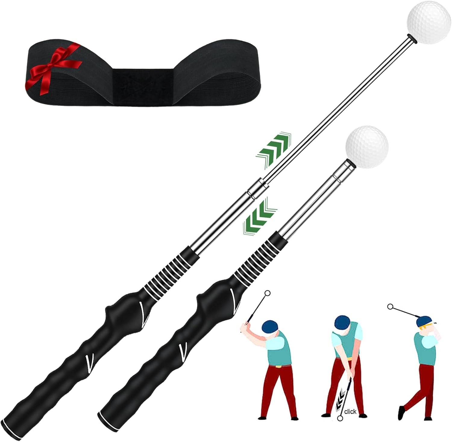 Retractable Golf Swing Trainer & Grip Trainer | Grip Correction Training Aid with Swing Click Feedback, Arm Band for Arm Alignment, Ideal for Indoor & Outdoor Golf Practice