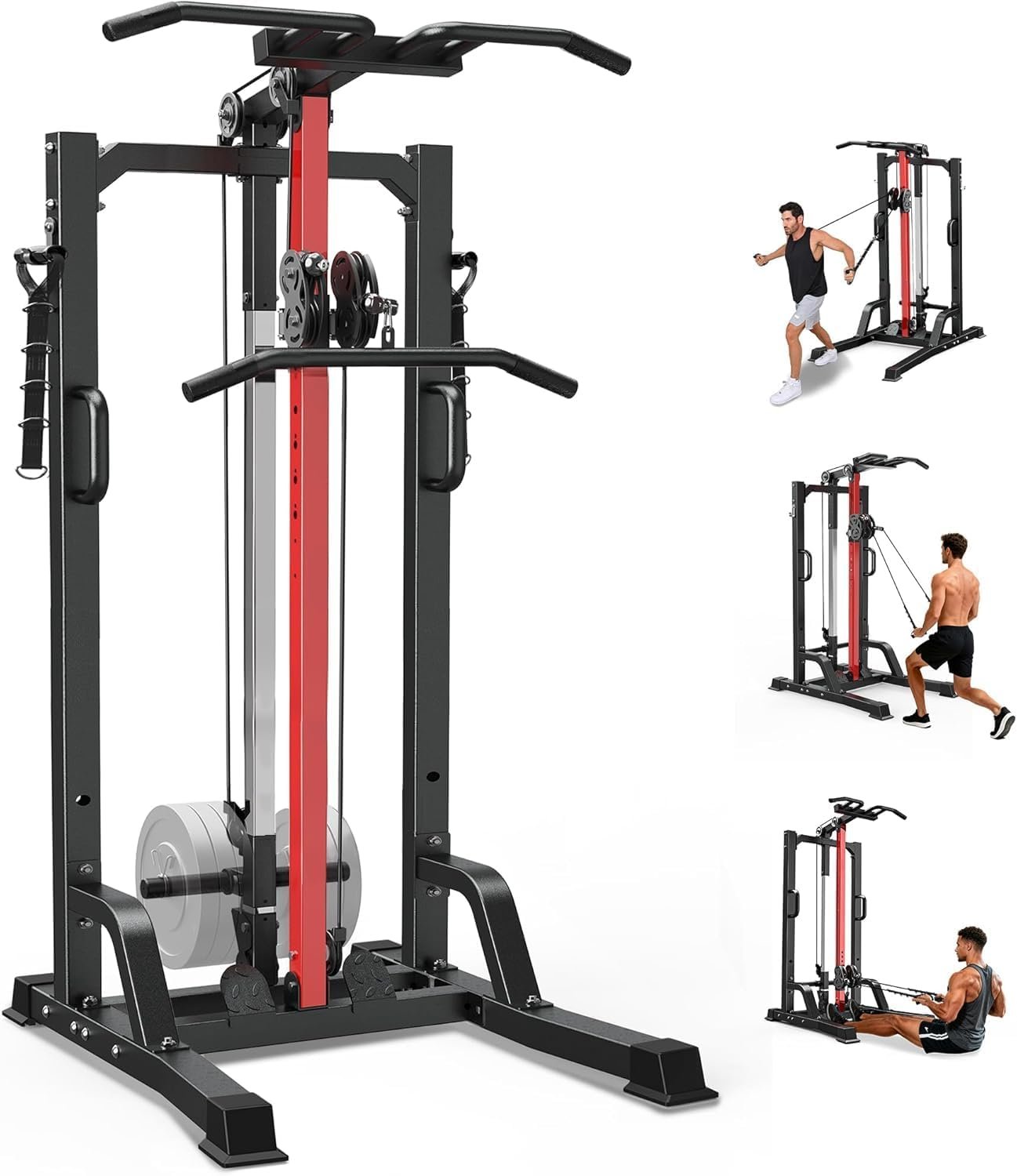 Pull Up Bar Power Tower Dip Station with Cable Machine, 450LB Home Gym | Pull up bar, dip station and 16-position cable system for pull ups, dips, lat pulldowns, rows and full-body training