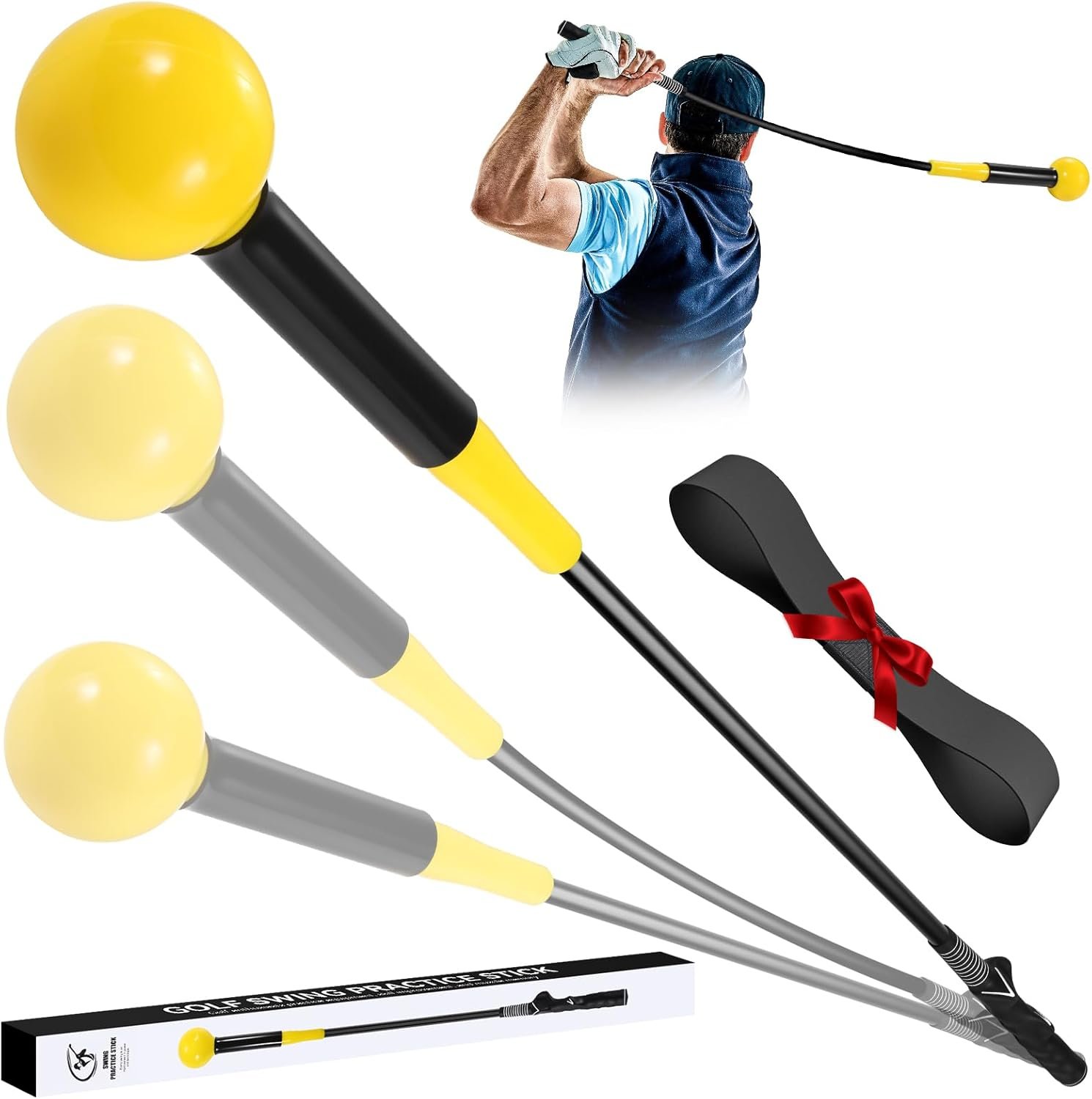MIKOSI Golf Grip Trainer, Golf Swing Trainer Aid Warm-Up Stick for Strength Grip Tempo & Flexibility Training, Right-Handed Golf Training Aid with Arm Band for Practice Chipping Hitting (Yellow) | Golf speed trainer; Golf warm up; Indoor golf practice; Outdoor training; Pre match warm-up; Posture correction