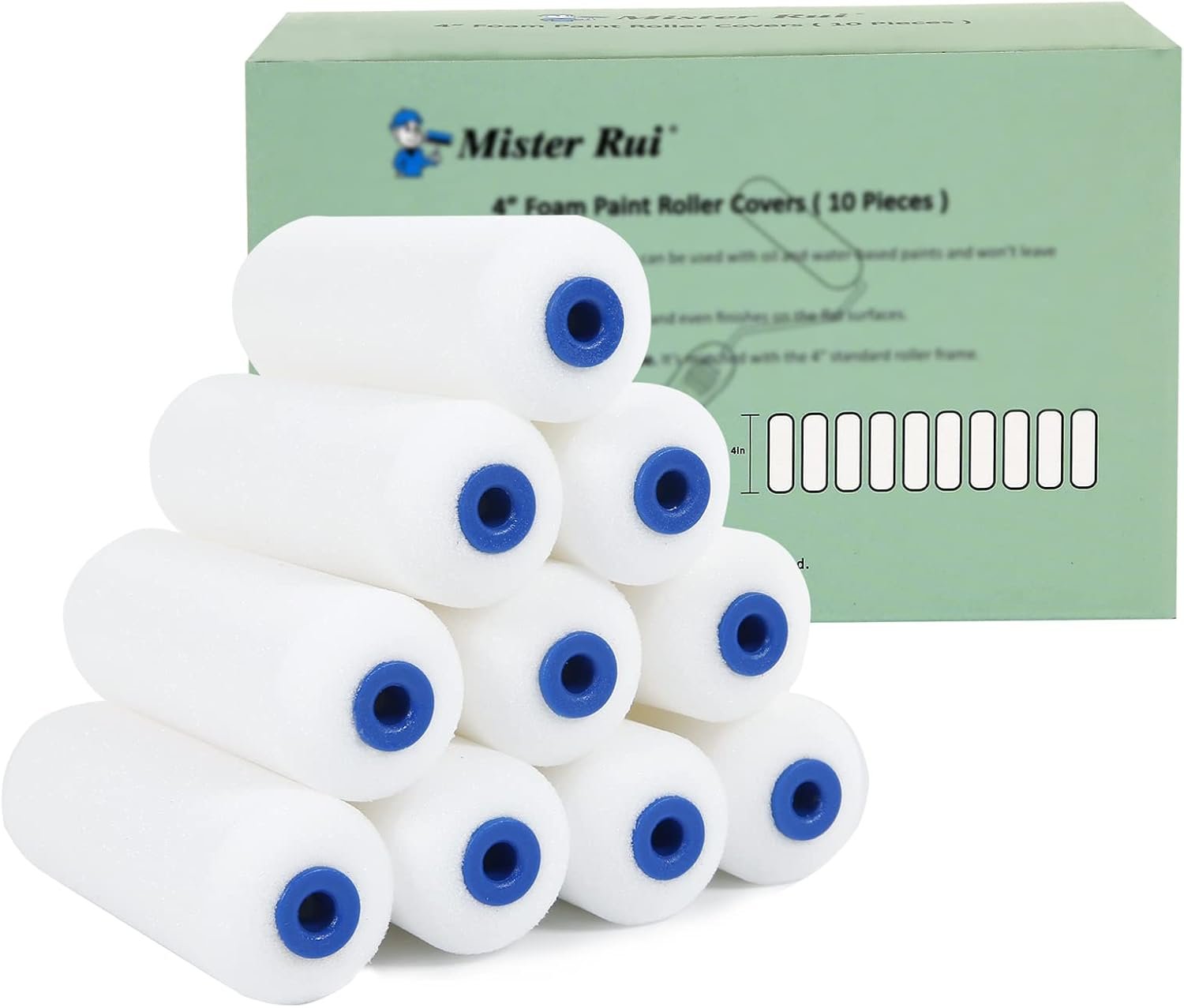 Mister Rui Mini Foam Paint Roller, 10 Pack, 4 Inch Small Paint Roller | High Density Mini Foam Rollers for Painting, Trim, Cabinets, Doors, Professional or DIY Use and Home Improvement