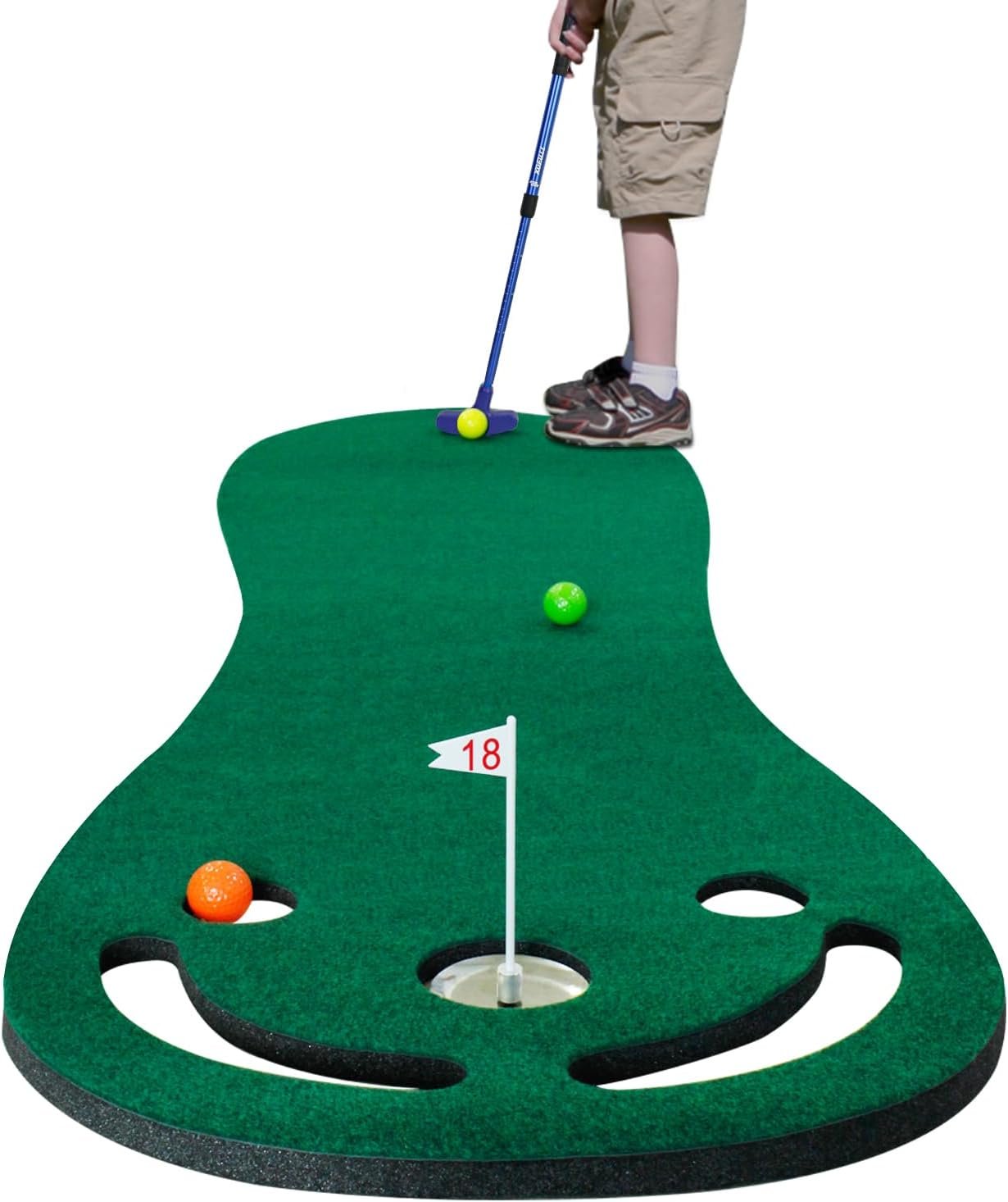 KOFULL Putting Green Mat Set-Mini Golf Set for Indoor/Outdoor Golf Putting | Backyard Golf Game with 78″ x 24″ Golf Putting Mat (Mini Golf Course), Adjustable Putter, 3 Balls, Training Aid Cup & Flags