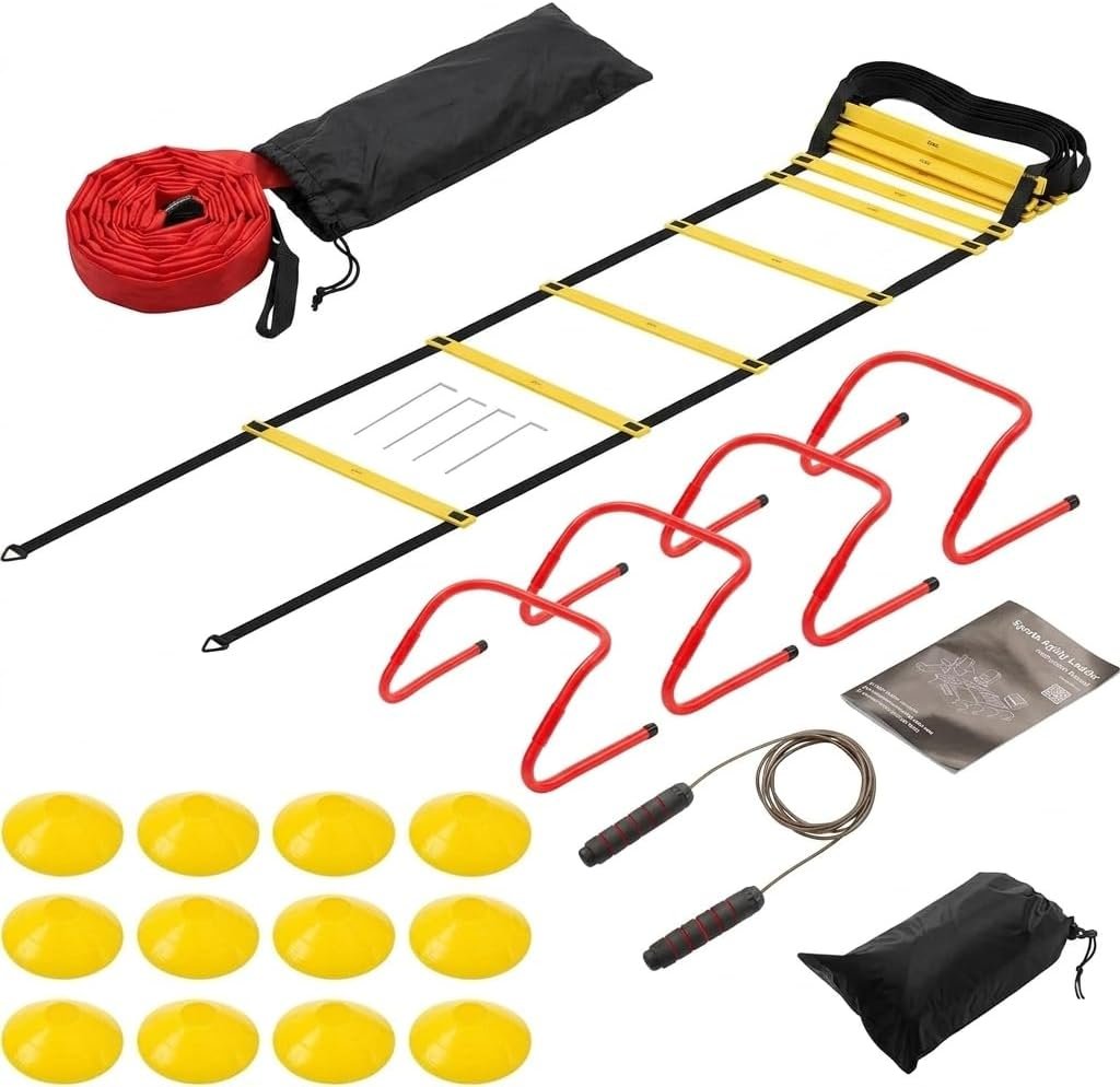 Agility Ladder Training Set – Yellow Speed & Footwork Training Equipment for Sports, Fitness, and Soccer – Includes Parachute, Hurdles, Cones, Jump Rope, and Carry Bag