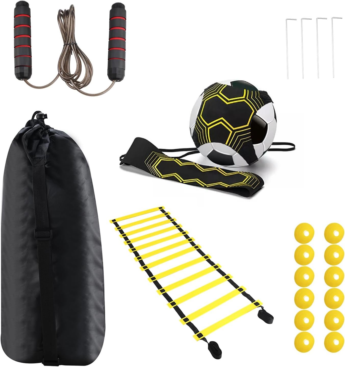 Soccer Agility Training Equipment Set, Speed Training Equipment, Including 1 Agility Ladder, 12 Disc Cones, 1 Solo Soccer Trainer, 1 Jump Rope, 4 Steel Stakes and 1 Carrying Bag