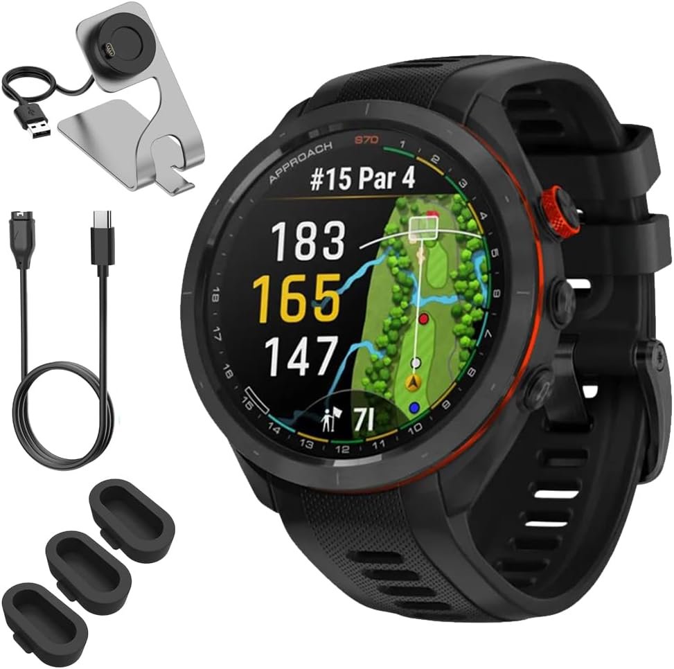 Garmin 010-02746-02 Approach S70 47 mm Premium GPS Golf Watch, Black Band Bundle with Deco Essentials Charging Dock, 3X Silicone Dust Cover and USB Type C Charging and Sync Cable