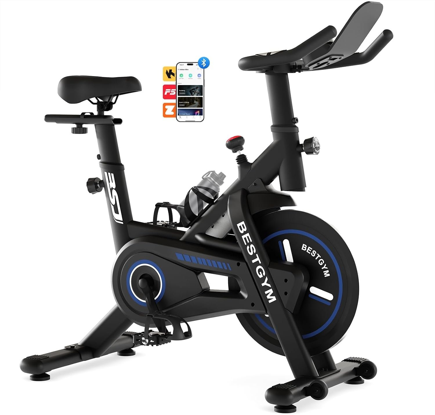 Exercise Bike, Brake Pad/Magnetic Stationary Bike with App, Low Noise Indoor Cycling Bike with 330lbs Weight Capacity, Adjustable Seat, Tablet Holder, Water Bottle Holder for Home Fitness and Weight Loss