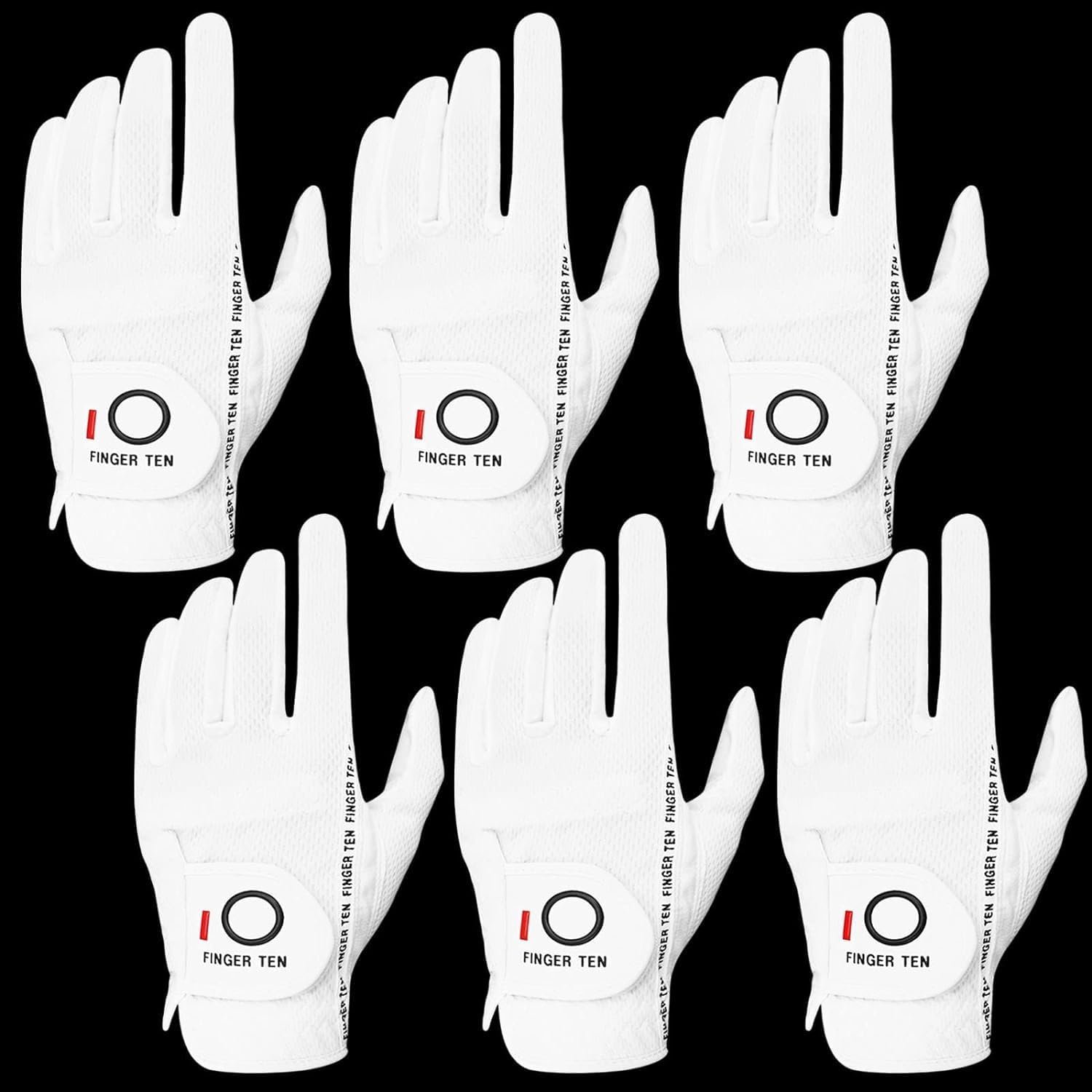 FINGER TEN Golf Gloves Men 6 Pack Rain Hot Wet Use | All Weather Grip, Soft Breathable Comfort, Flexible Swing Control, Durable Long Lasting, Value Multi Bulk Pack