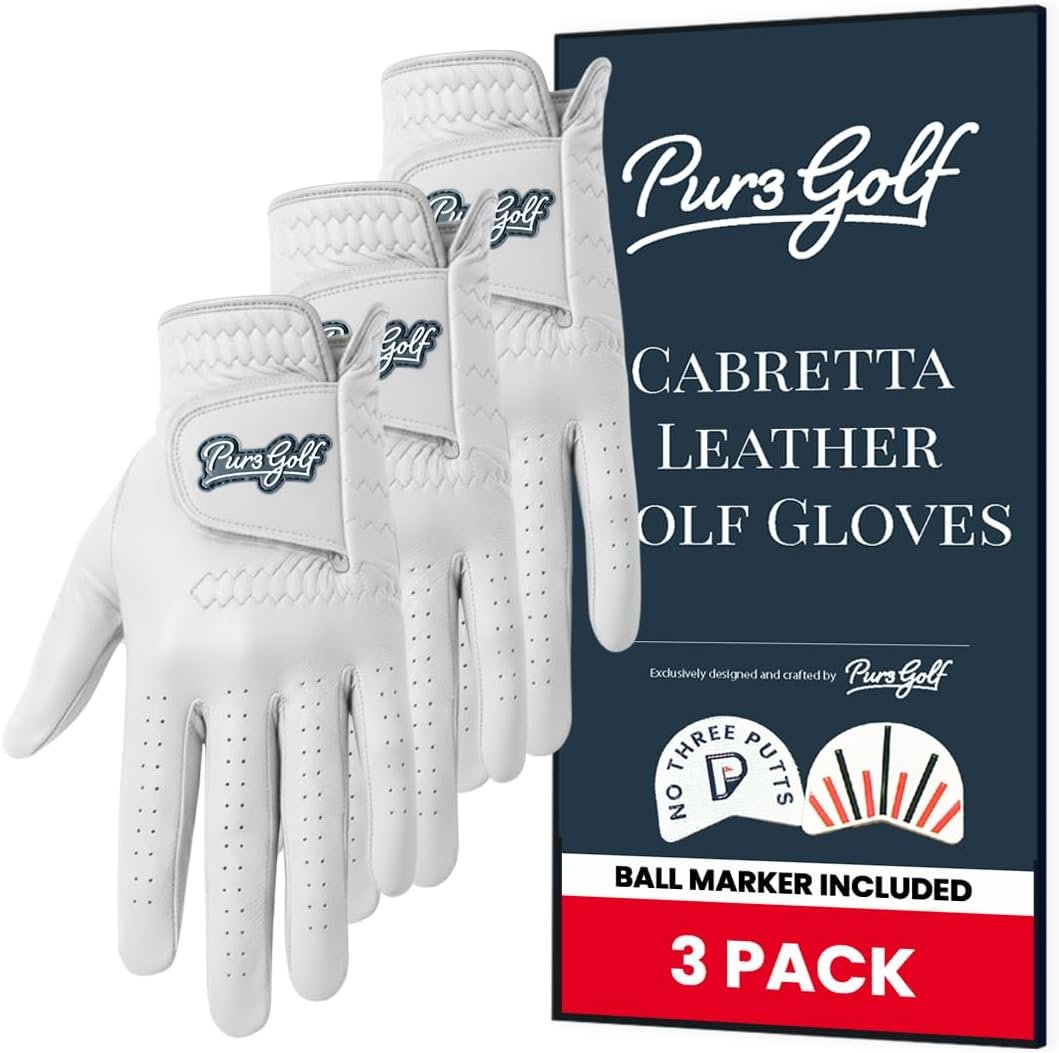 Gloves Men, 3 Pack Genuine Cabretta Leather | for Left Hand and Right Hand Golfers | Includes Signature Putting Alignment Ball Marker
