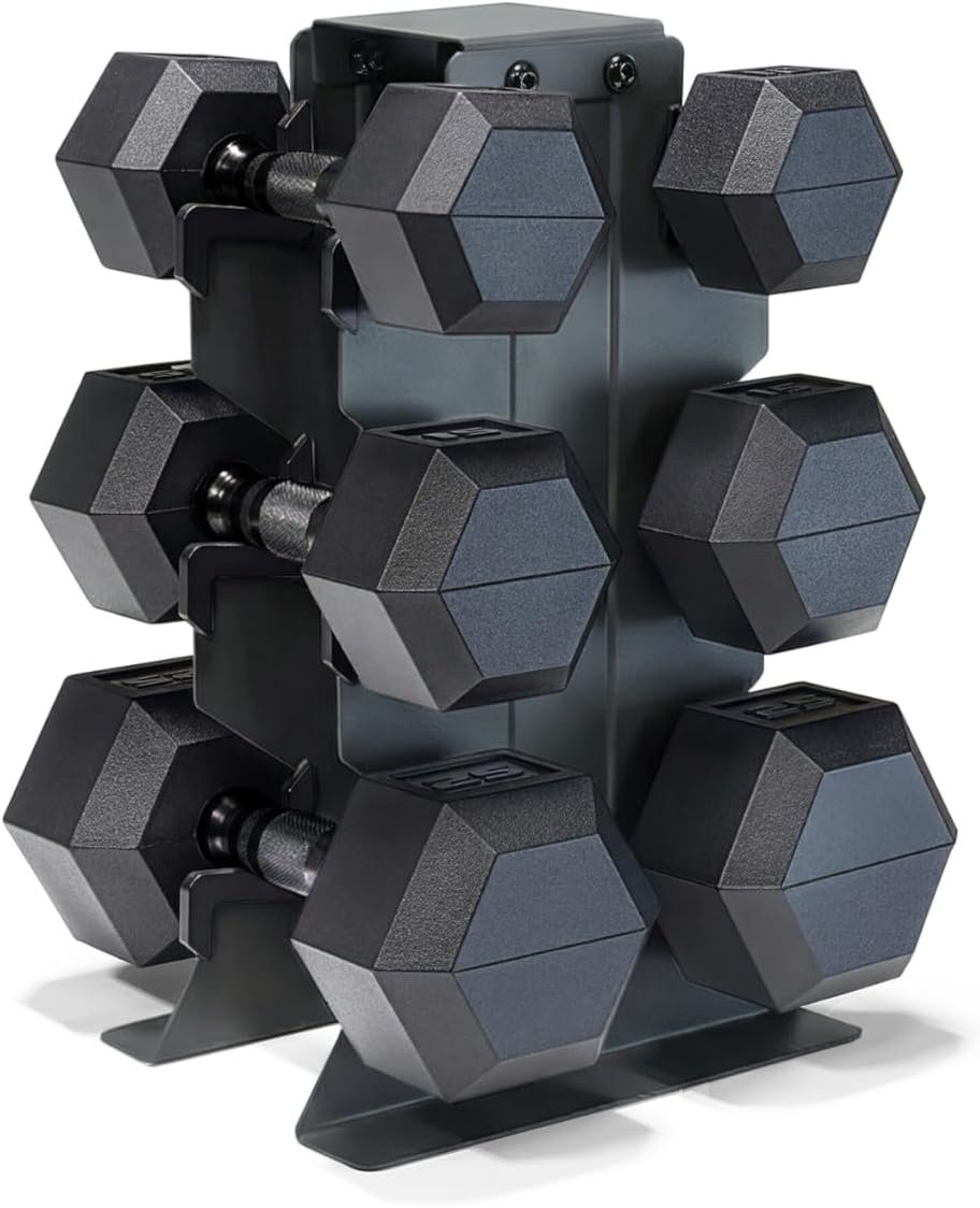 CAP Dumbbell Set with Rack, Rubber Coated Hex Free Weight Set | 100–300 lb Options, Vertical Space-Saving Storage for Home Gym Strength Training