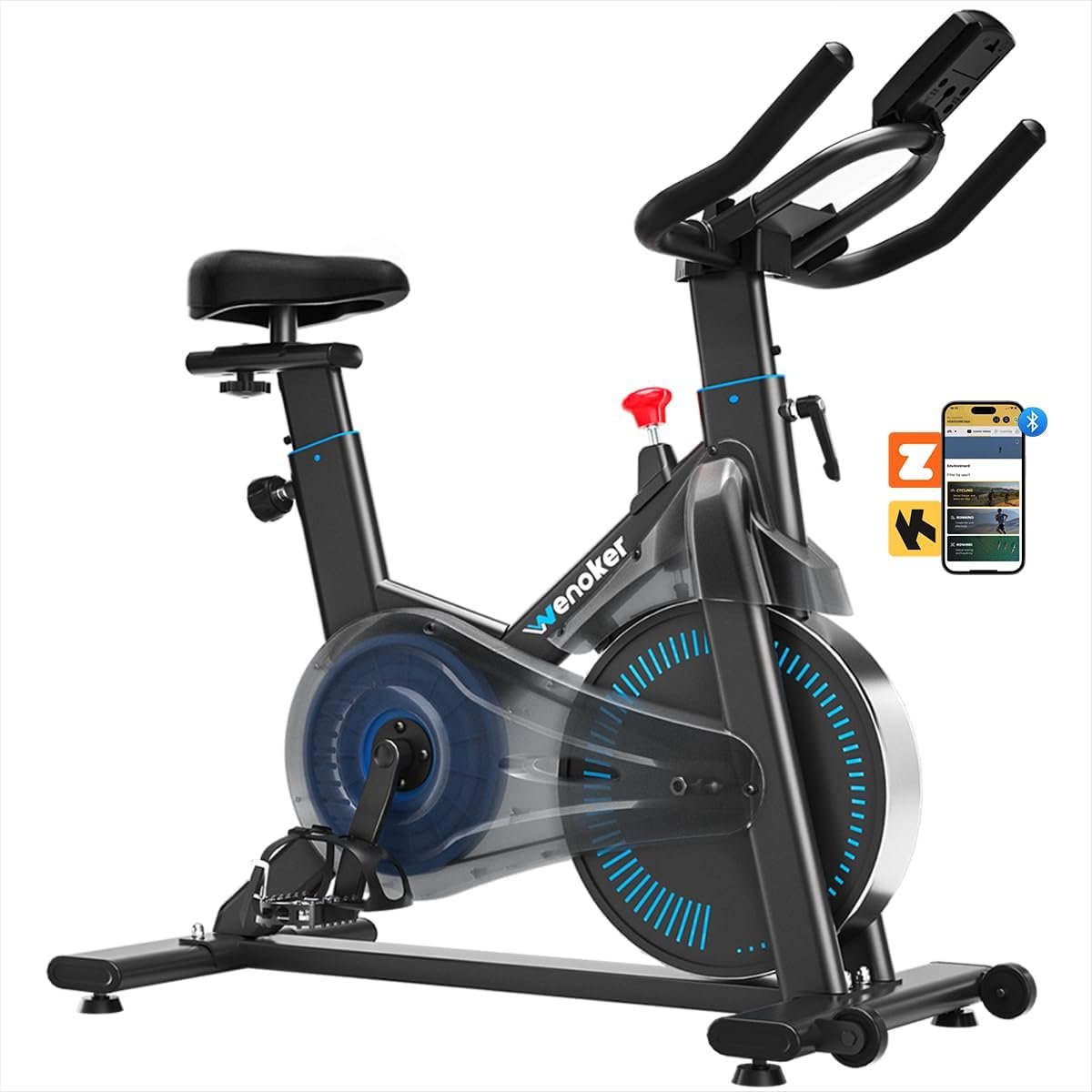 Exercise Bike, Wenoker Magnetic Stationary Bike for Home App Sync Indoor Bike with Adjustable Seat and Handlebar, Transport Wheels and Fitness Courses for Weight Loss