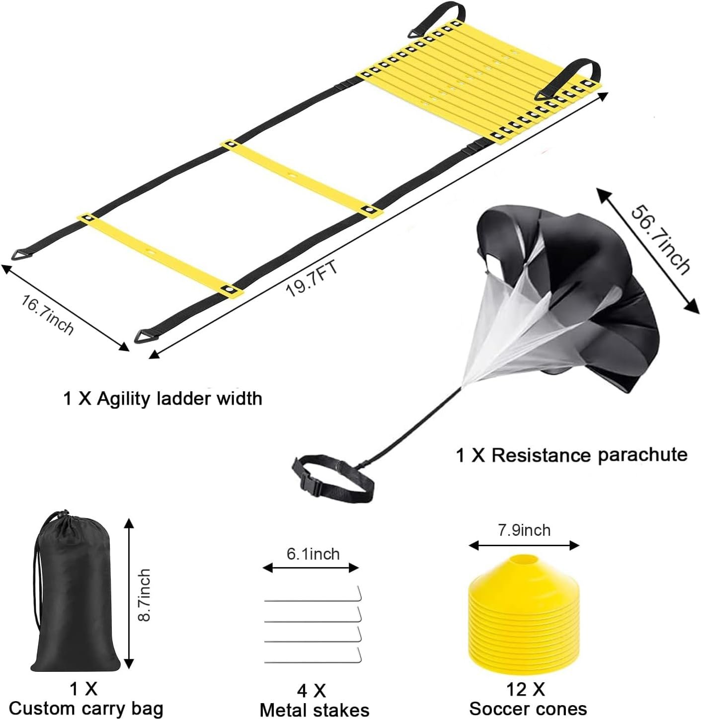 Speed Agility Ladder Training Set, Soccer Football Training Equipment Includes 12 Rung 20Ft Agility Ladder, 12 Disc Cones, 4 Steel Stakes, Resistance Parachute & Carry Bag