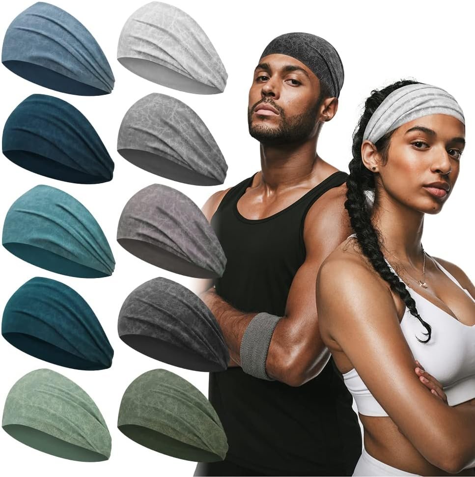 Mens Sports Headband, Non Slip Running Sweatband, 10 PCS | Moisture Wicking, 5.5 Inch Adjustable Width, Non Slip Fit, for Gym Workout Running Cycling under Helmet Outdoor Working