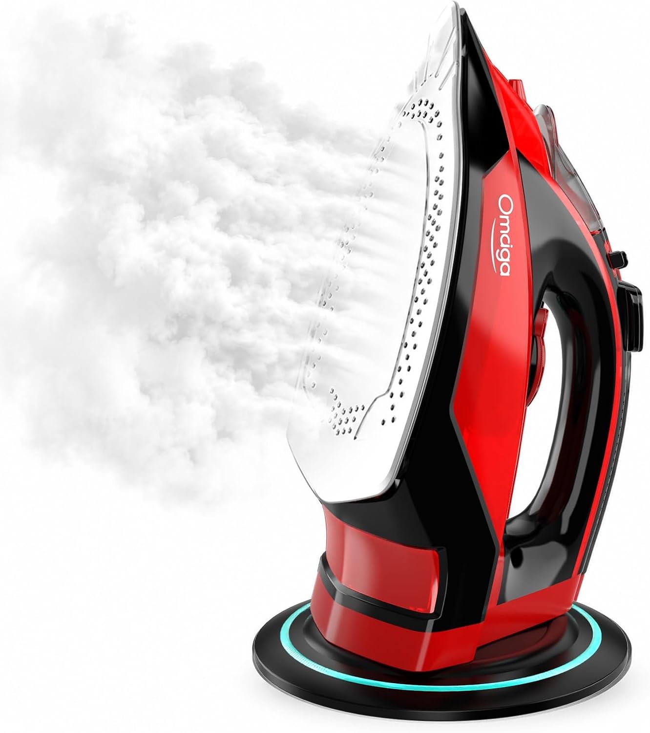 OMAIGA Cordless Steam Iron for Clothes, 1500W, Ceramic Soleplate, Red | 360-degree power base, auto shut-off, self-clean, anti-calc, 3 temperature settings, 11.84 oz water tank, for home ironing