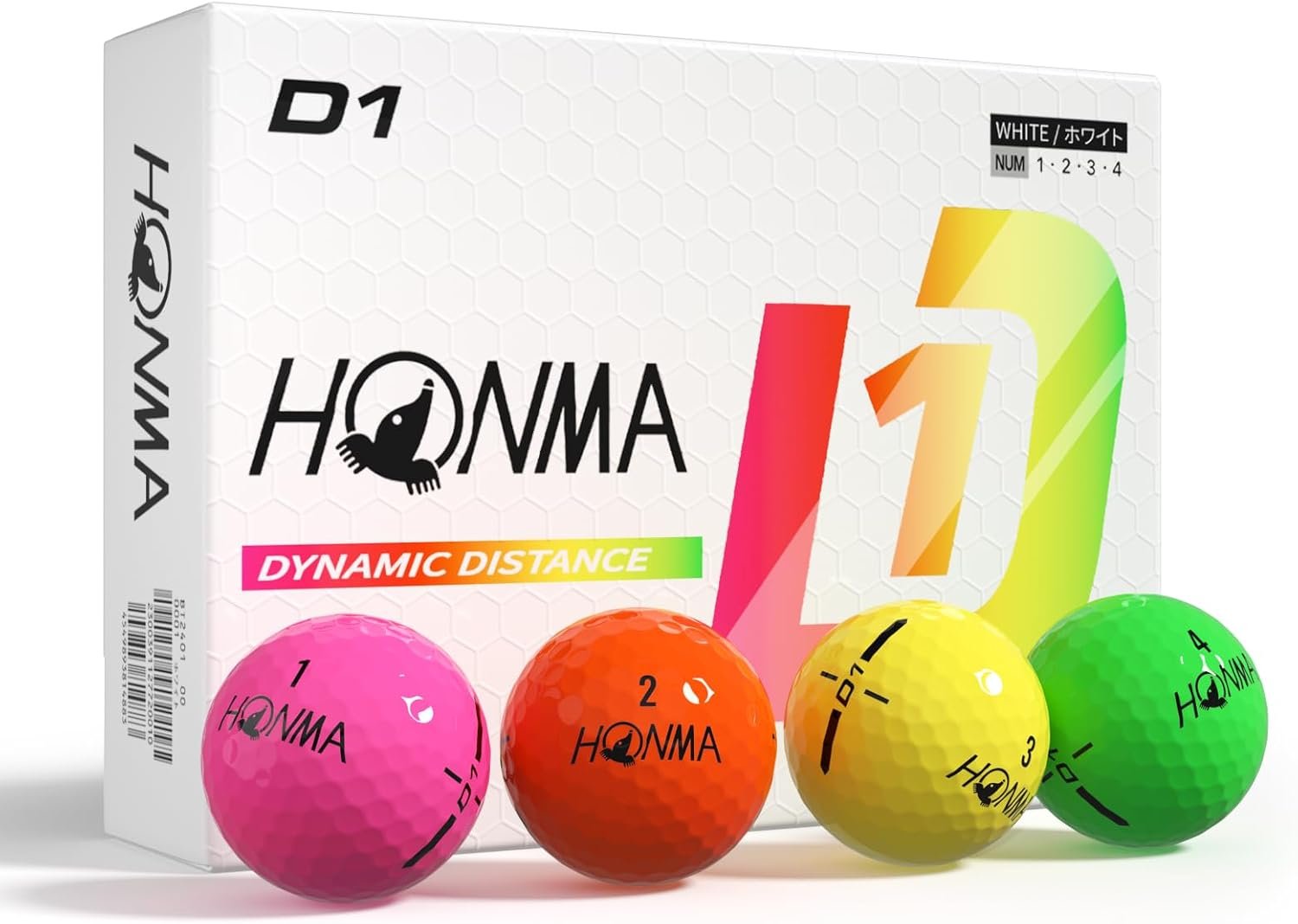 Honma D1 Distance Golf Balls, White & Multi-Color Options, 1 Dozen | Colored Golf Balls • For Men Women • High-Speed Core • Low Compression • Low-Spin Flight