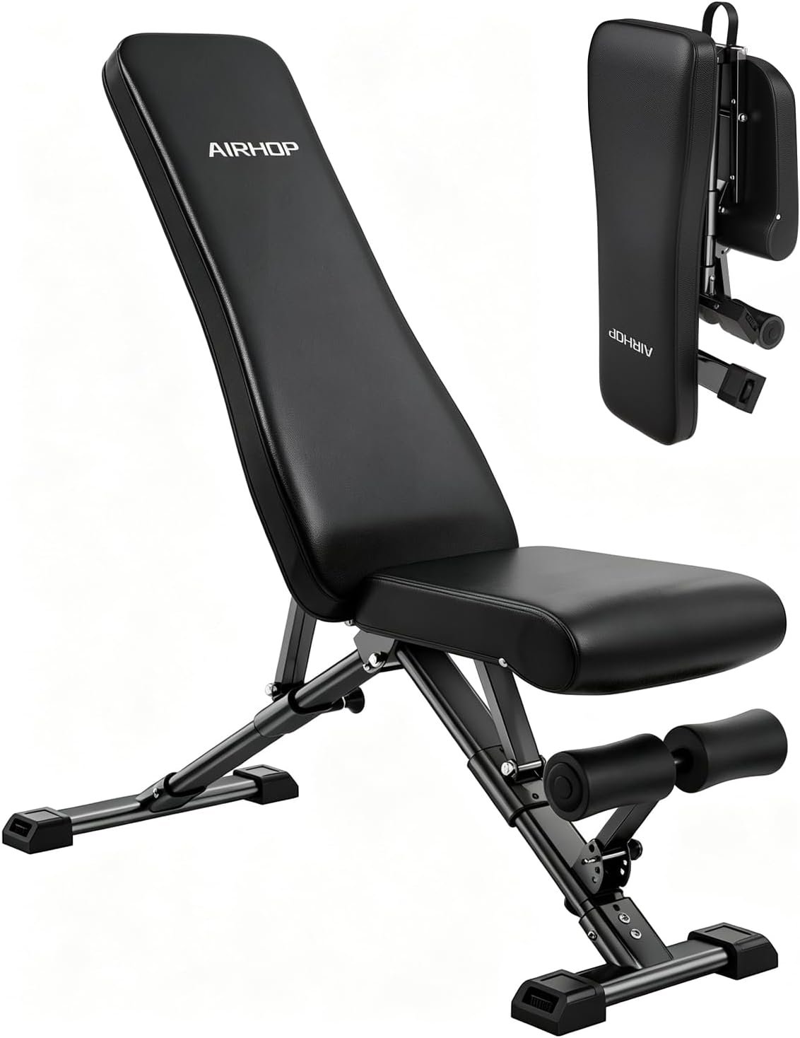 AIRHOP Foldable Workout Bench, 90° to -30° FID Weight Bench for Home Gym | Backrest, Seat, Leg Bar Adjustable, MAX 1000 LBS, 8-Pos Backrest, 3-Pos Seat, 4-Level Leg Support, 19.4″ Extended Base Stable