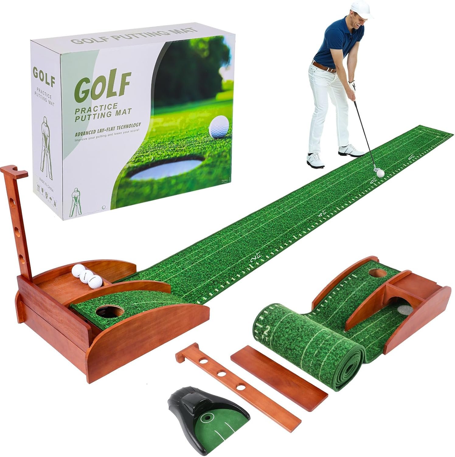 Portable Golf Putting Mat with Auto Ball Return | Practice Putting Green Training Mat,Indoor,Outdoor, Home, Backyard, Office Golf Gifts Party Game
