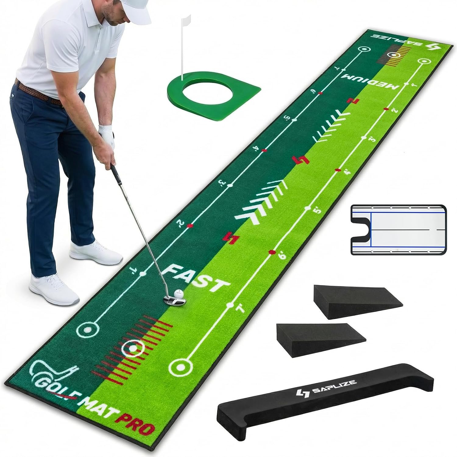 SAPLIZE Golf Putting Mat with Alignment Mirror, Two-Speed Golf Practice Mat, 20 in x 10 ft Indoor Outdoor Putting Green with Anti-Slip Backing