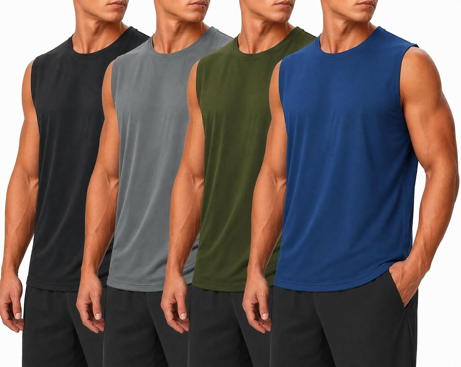 Kinglaman 1/4 Pack Men’s Workout Tank Tops Sleeveless Dry Fit Gym Shirts | Quick Dry Fabric, Breathable Mesh, Moisture Wicking, Regular Fit, for Gym Training, Running, Outdoor Athletic Sports