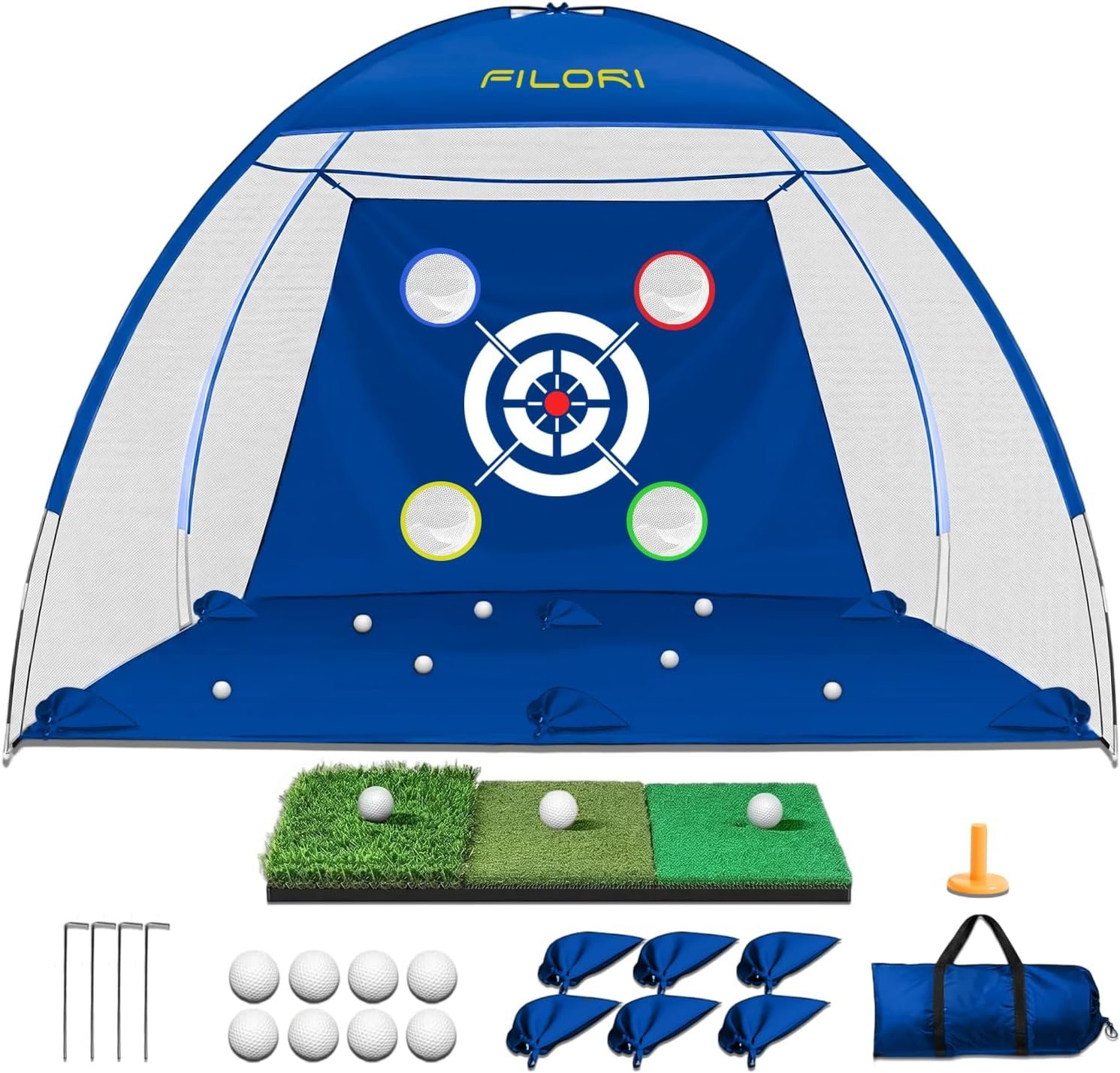 FILORI Golf Practice Net 10x7FT – Golf Hitting Net with Tri-Turf Mat, 8 Balls, Tee & Carry Bag, Indoor/Outdoor Backyard Training for Driving Chipping Swing, Ideal Gifts for Men Dad Husband Golfer