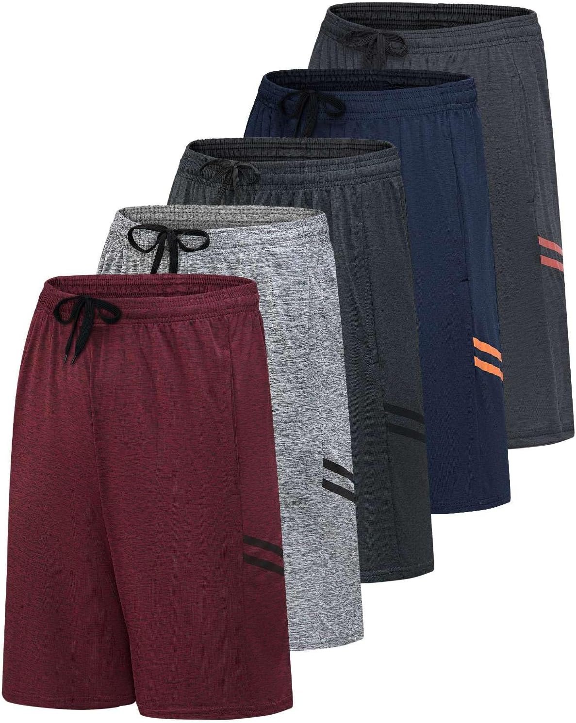 5 Pack Men’s Dry Fit Basketball Shorts Athletic Gym Sports Workout Pockets | Moisture Wicking, Cooling, Breathable Stretch, Elastic Drawstring Waistband, 9 Inch Inseam, Running, Training, Casual Lounge