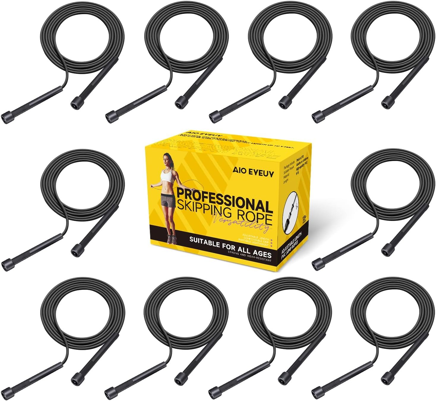 10 Pack Adjustable Jump Rope for Fitness and Exercise – PVC Skipping Rope for Men, Women and Teens – Tangle-Free for Keeping Fit, Training, Workout