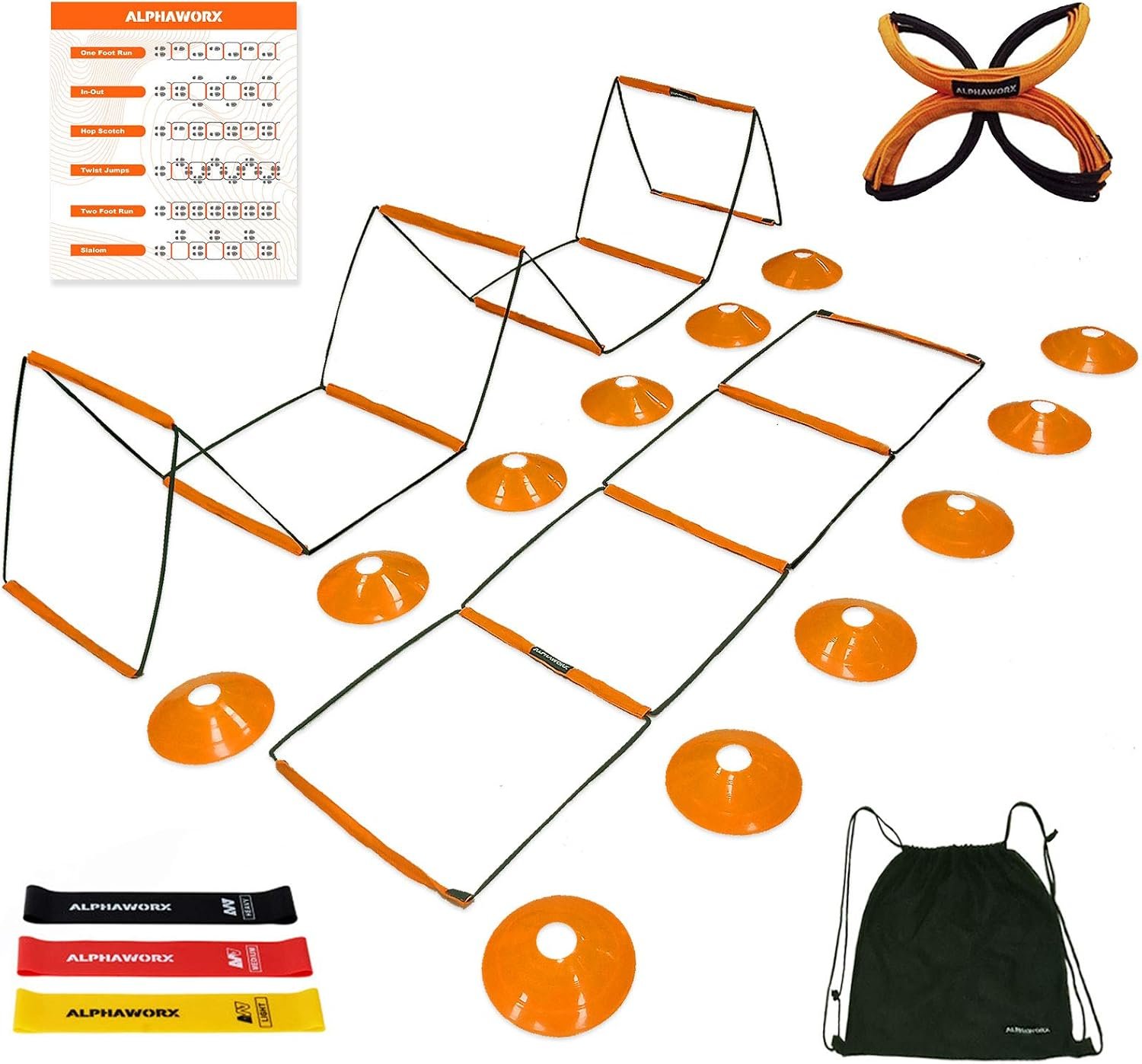 All-in-One Agility Ladder Agility Training Equipment Foldable Instant Set-up Tangle-Free Design 8+4 Rung Speed Ladder Workout Ladder with 12 Soccer Cones & 3 Resistance Band & 1 Storage Bag