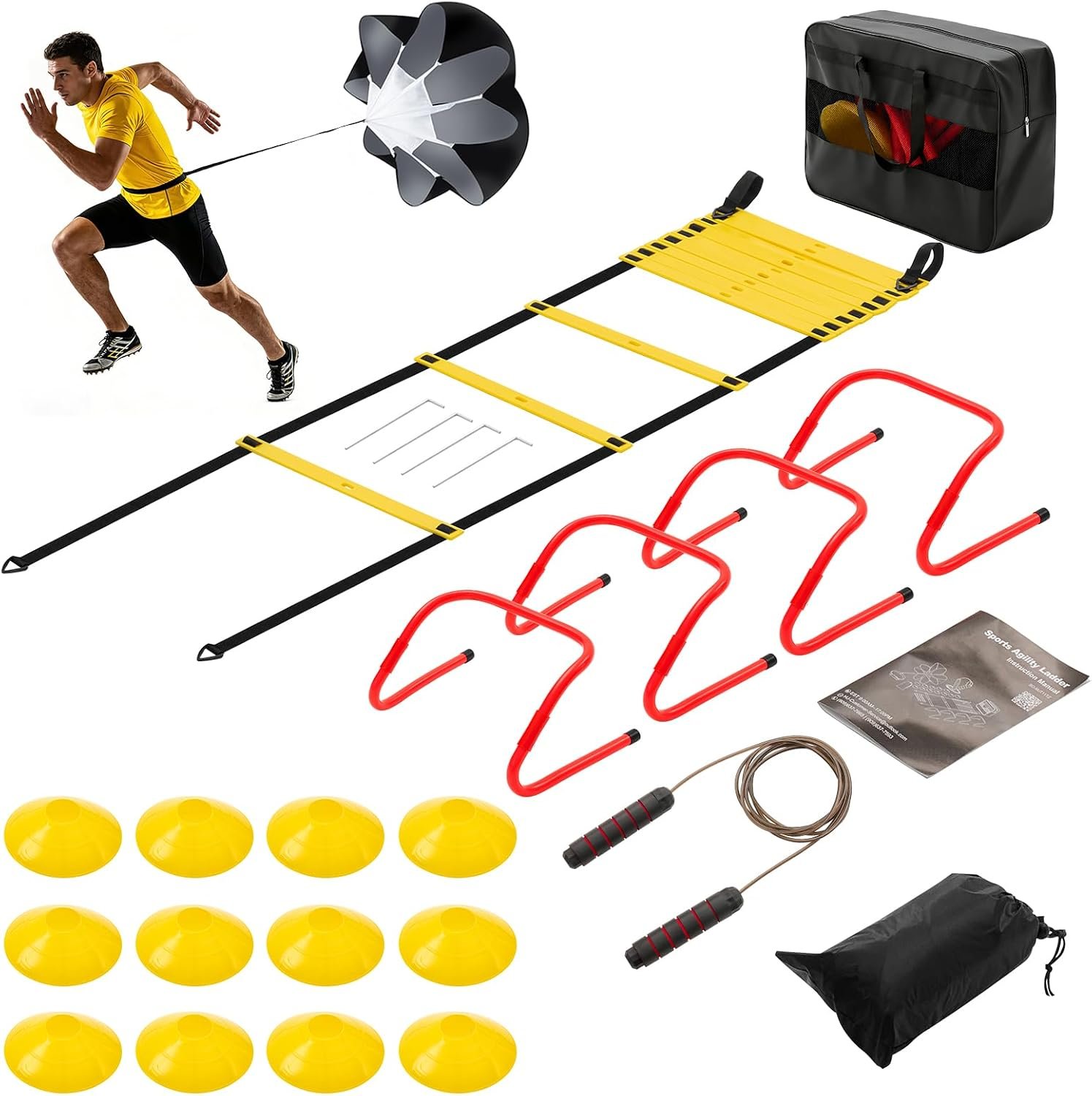 OLIXIS Agility Speed Training Equipment, 20 ft Speed Ladder, 12 Soccer Cones, 4 Agility Hurdles, Jump Rope, Resistance Parachute with Carry Bag, Training Equipment Set for Kids, Youth, Adults,Yellow