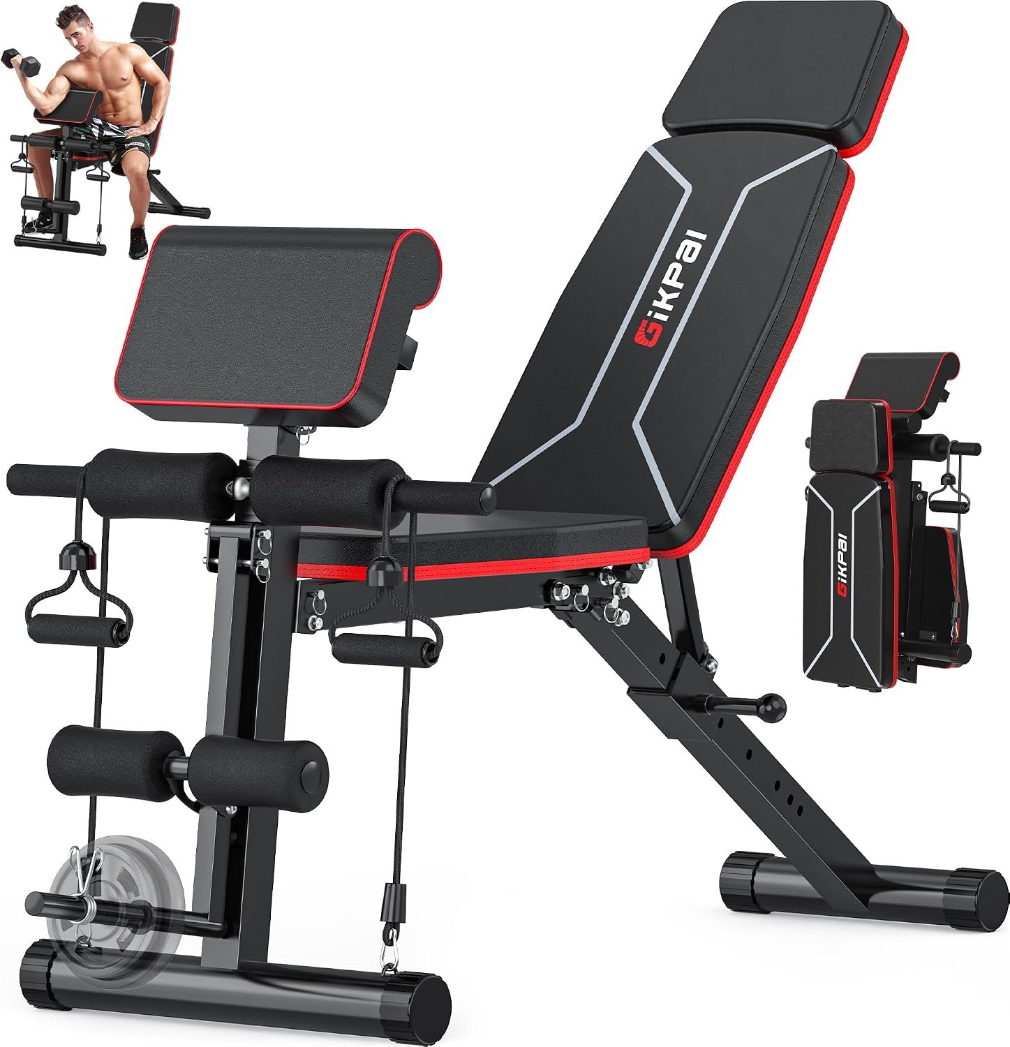 GIKPAL Adjustable Weight Bench – Workout Bench Press for Home Gym | Foldable Incline Decline Sit up Exercise Bench for Full Body Strength Training w/Leg Extension and Preacher Pad
