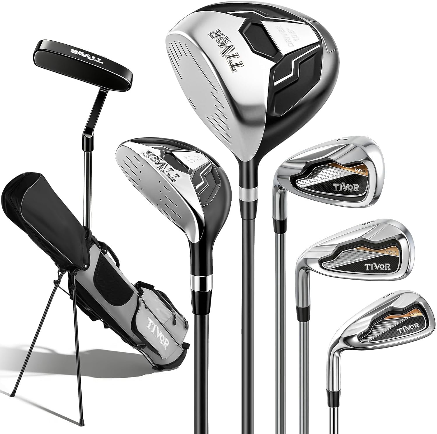 Golf Clubs Set 7-Piece Complete Set with Driver Hybrid 7 Iron 9 Iron Sand Wedge Putter Stand Bag for Women Men Right Left Handed – Beginner Golf Sets Pink Gray