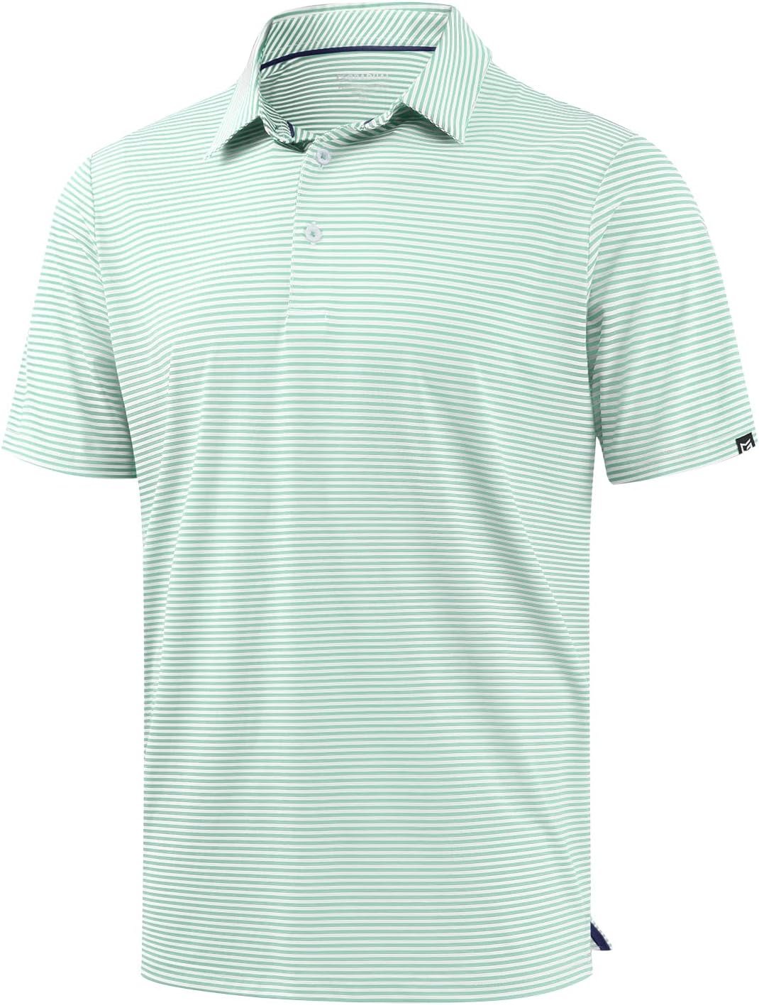Mens Golf Shirt Dry Fit Performance Short Sleeve Striped Polo Shirts | Moisture Wicking, Breathable, Soft Stretch, Colorful Stripes, 3-Button, UPF50+, Easy Match for Dressy Casual, Tennis, Daily