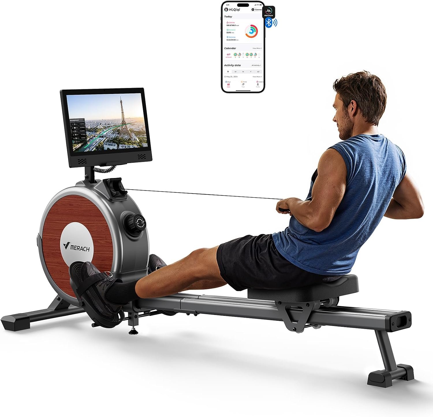 MERACH Rowing Machines for Home, Magnetic Rowing Machine with 16 Levels, Rower Machine of Quiet Resistance, Dual Slide Rail with Max 350lbs Weight Capacity, App Compatible