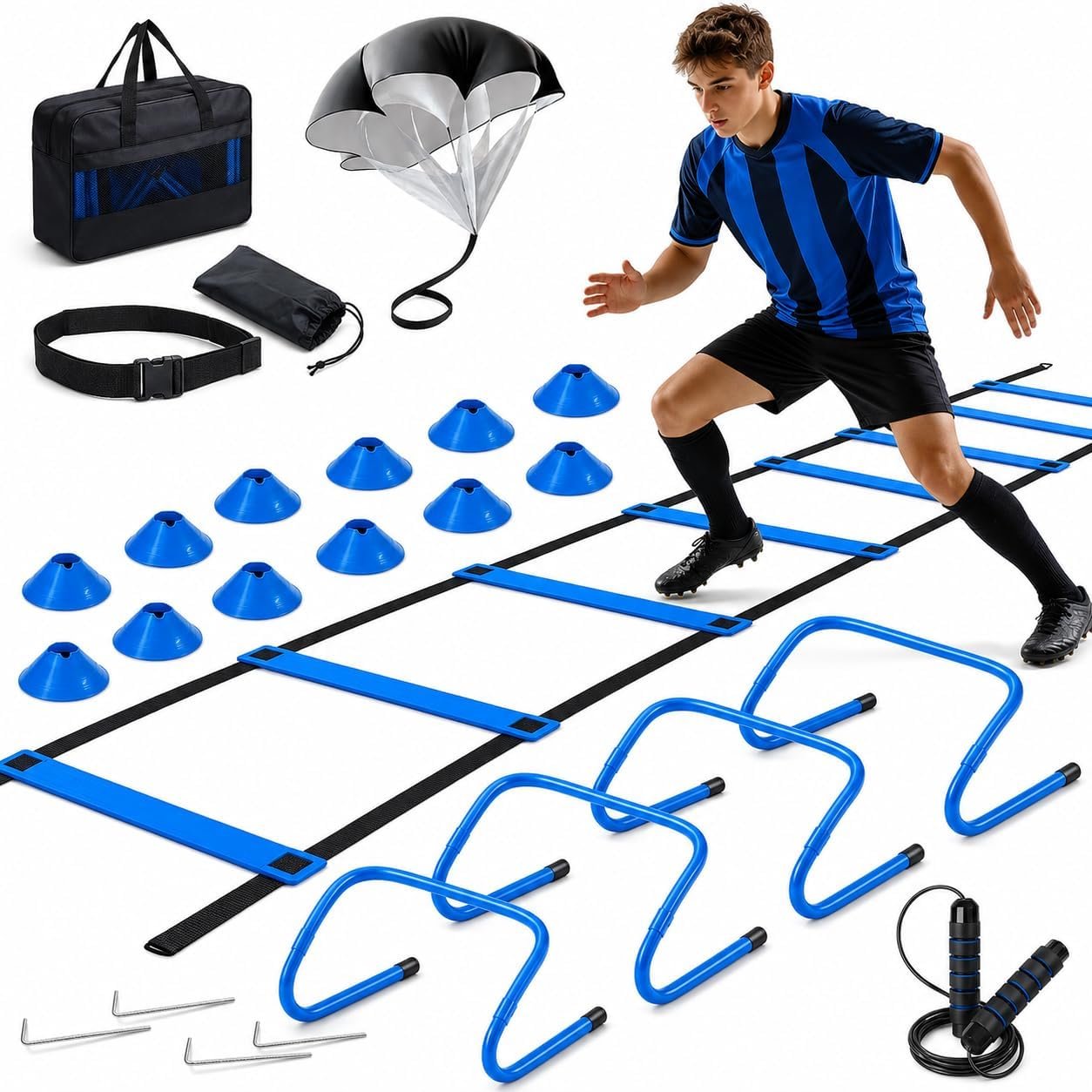 Simple Deluxe Agility Ladder Soccer Training Equipment Set, 20ft Speed Ladder 4 Adjustable Hurdles, Speed Resistance Parachute, 12 Soccer Cones, Jump Rope & Ground Stakes, Blue