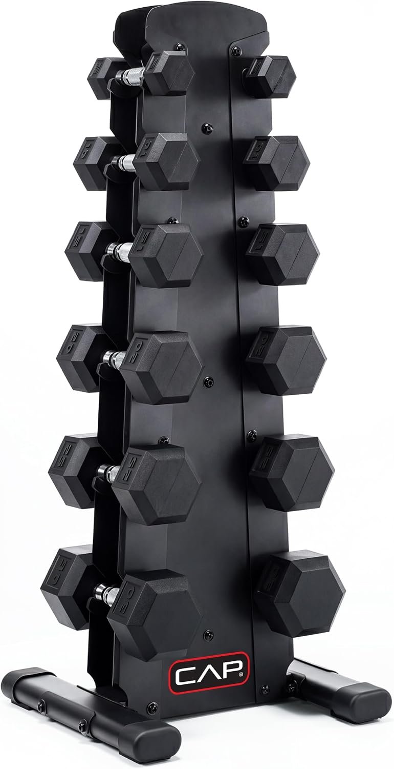 CAP Rubber Coated Hex Dumbbell Set with Storage Rack | 100–210 lb Options, Space-Saving Vertical Compact Storage for Home Gym Strength Training