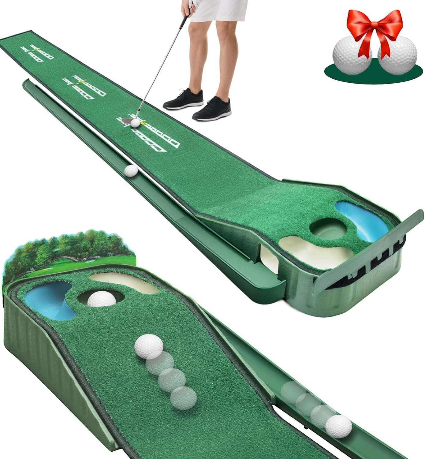 Putting Green Indoor – Golf Putting Mat with Realistic Green Speed,Dual Hazard Putting Mat, Ball Return, Velvet Surface, 8ft Practice Putting mat, Indoor&Outdoor Training Aid – Perfect Golf Gift