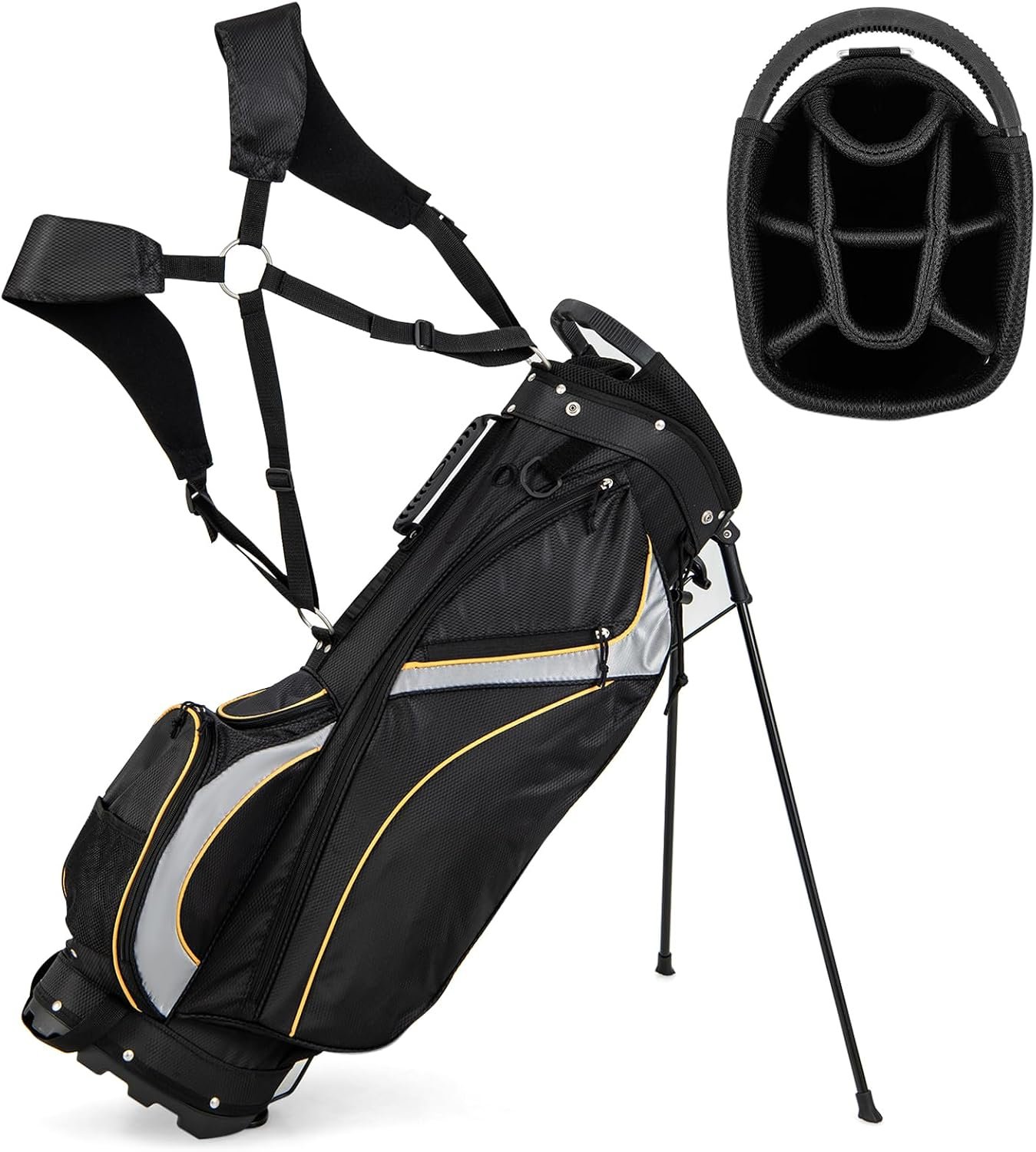 Tangkula Golf Stand Bag with 8 Way Top Dividers, Lightweight Golf Bag with Detachable Dual Strap & 7 Pockets, Rain Hood, Portable Golf Bag for Men & Women, Black
