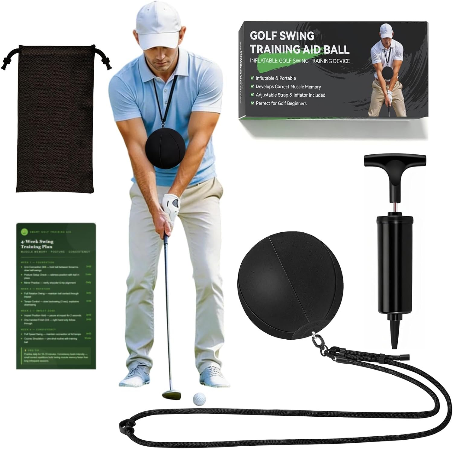 Adjustable Golf Trainer Ball Beginner Friendly Portable Golf Swing & Tempo Trainer, Indoor/Home Golf Impact & Connection Ball, Leak Proof Golf Training Aid with Storage Bag