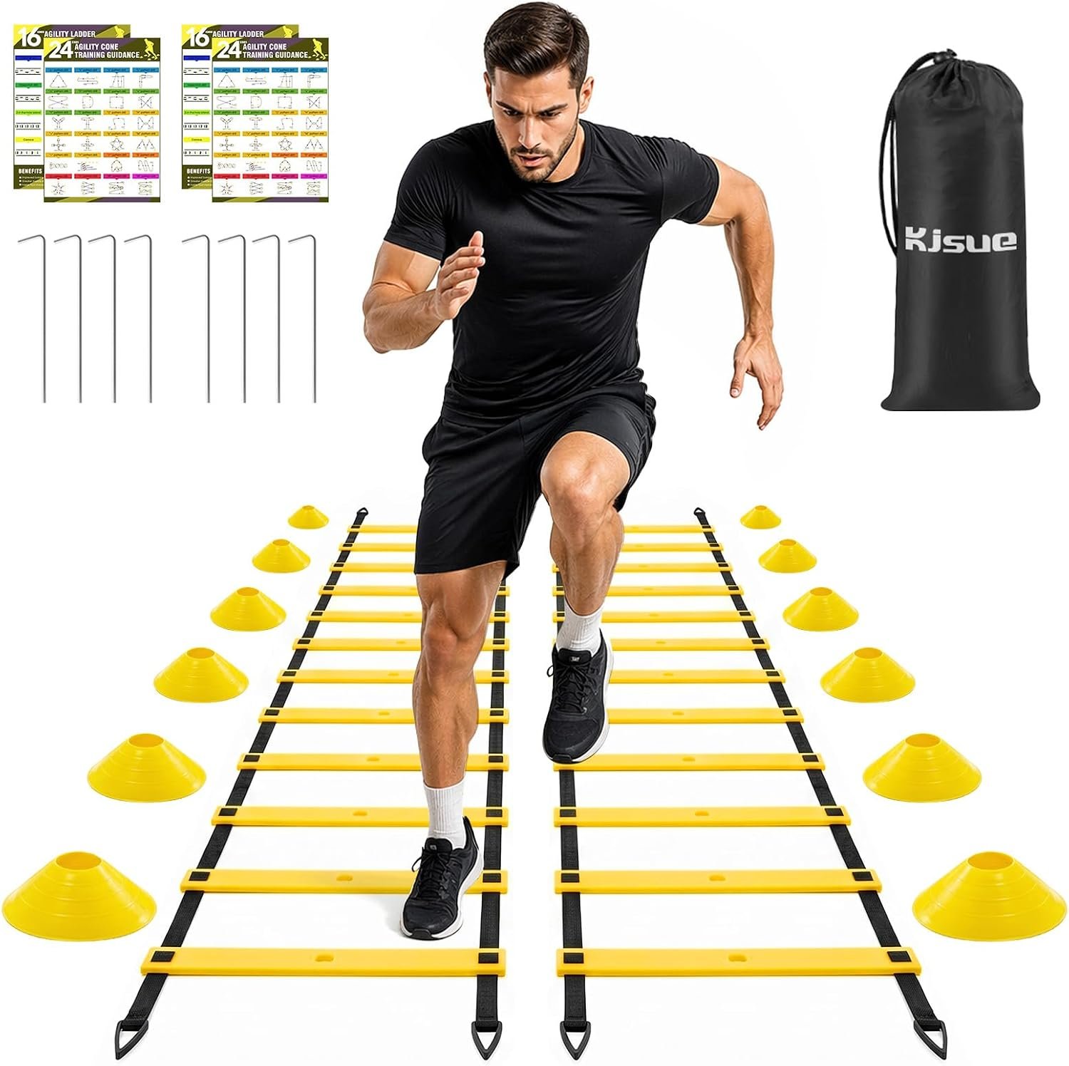 2 Pack 20ft Agility Ladder Set, 40ft Total Adjustable Speed Ladder with 12 Cones, 8 Stakes, 1 Carry Bag – Parallel Footwork Drills Gear for Football Soccer Basketball Training Equipment