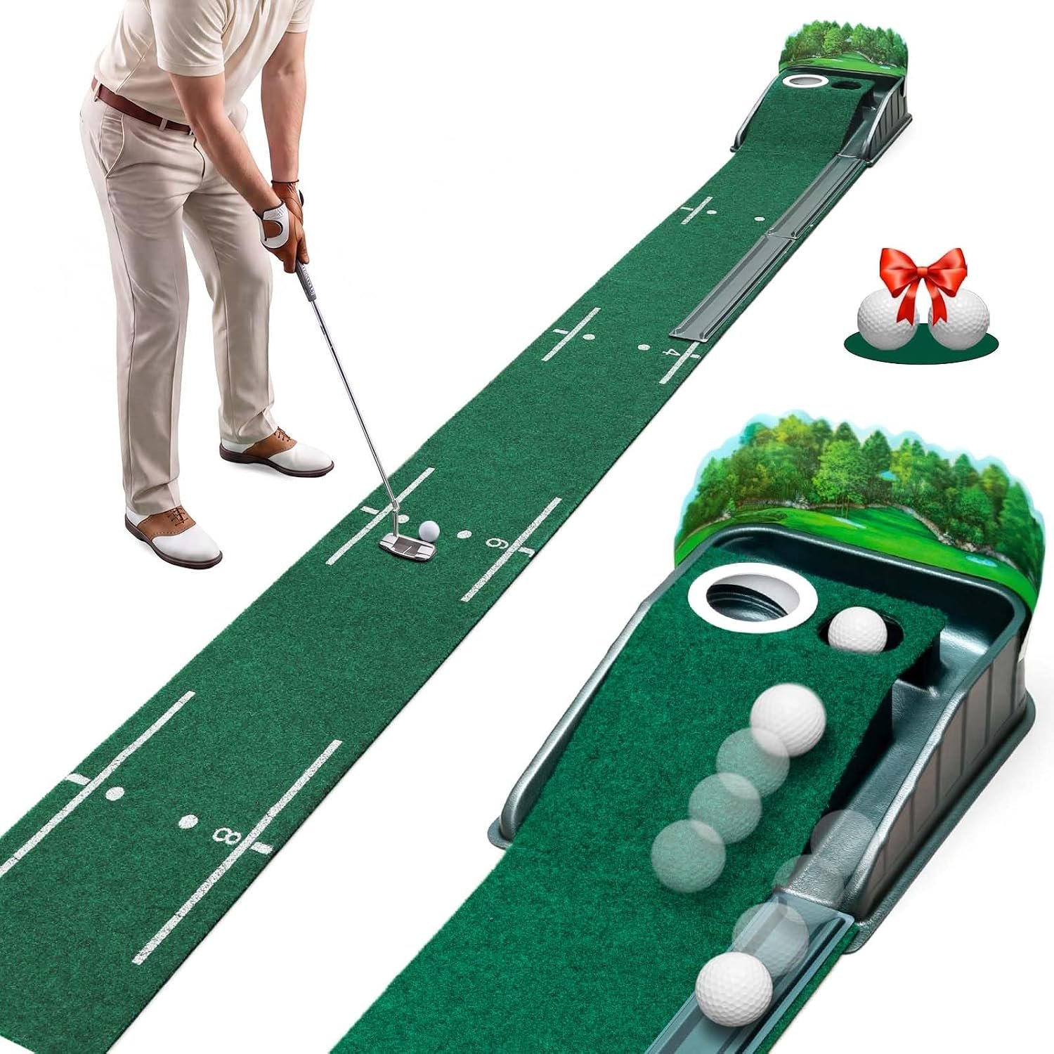 Putting Green Indoor – Golf Putting Mat with Realistic Green Speed, Dual-Hole Precision Golf Practice Putting Mat with Auto Ball Return, 8ft Golf Mat for Indoor & Outdoor Training, Ideal Golf Gifts