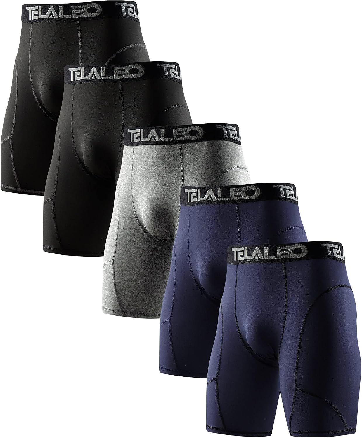 TELALEO 5 Pack Compression Shorts for Men Spandex Sport Shorts Athletic Workout Running Performance Baselayer Underwear Black/Double Blue/Double Gray XL