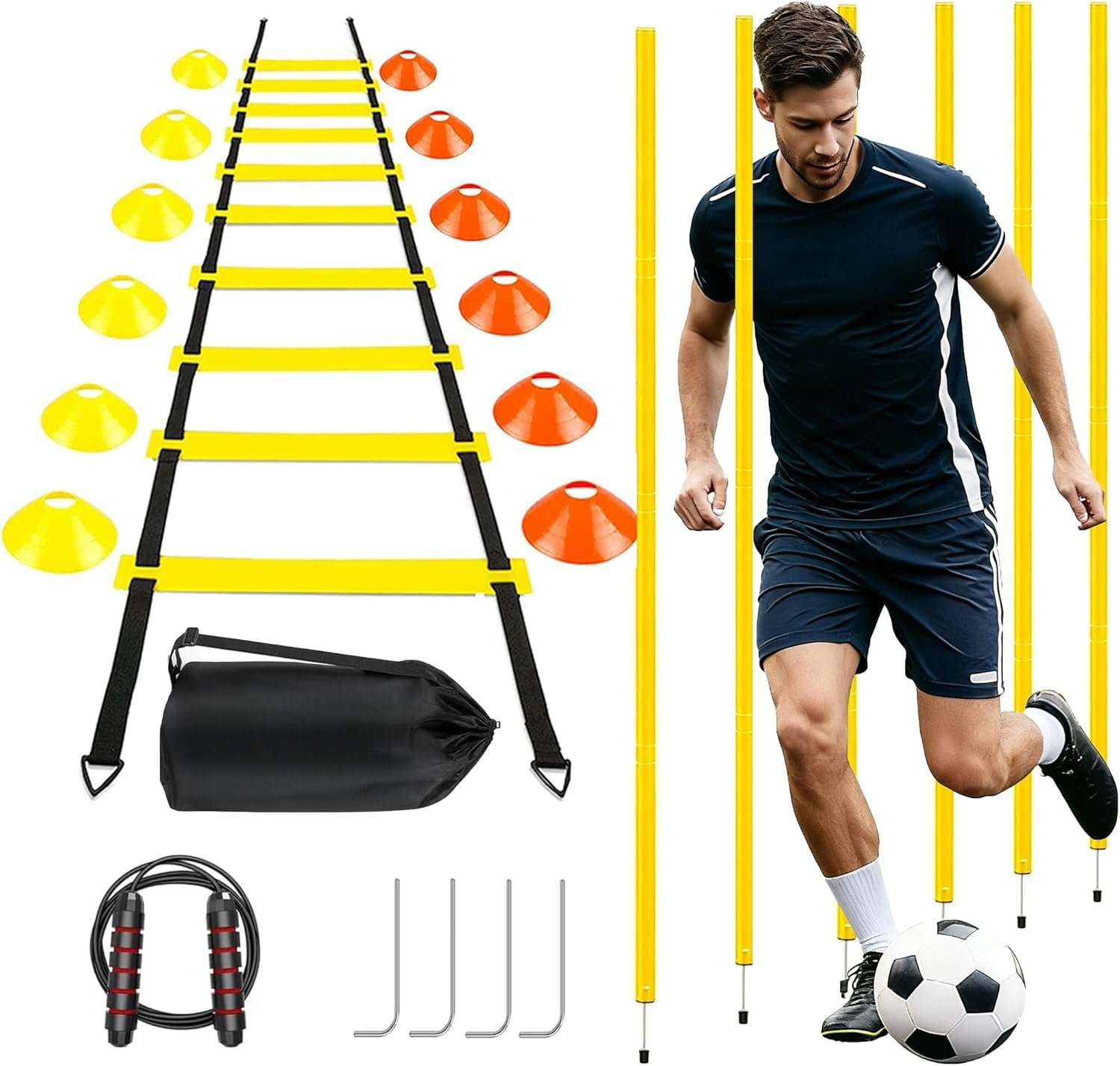 20Ft Agility Ladder Training Equipment for Soccer 12 Cones, Solo Soccer Trainer, Jump Rope Speed Football Gifts for boy | 20ft Speed Ladder, 6 Soccer Poles, 12 Sport Cones, 1 Jump Rope, Gifts for Boys 8-12 youth Footwork Drills
