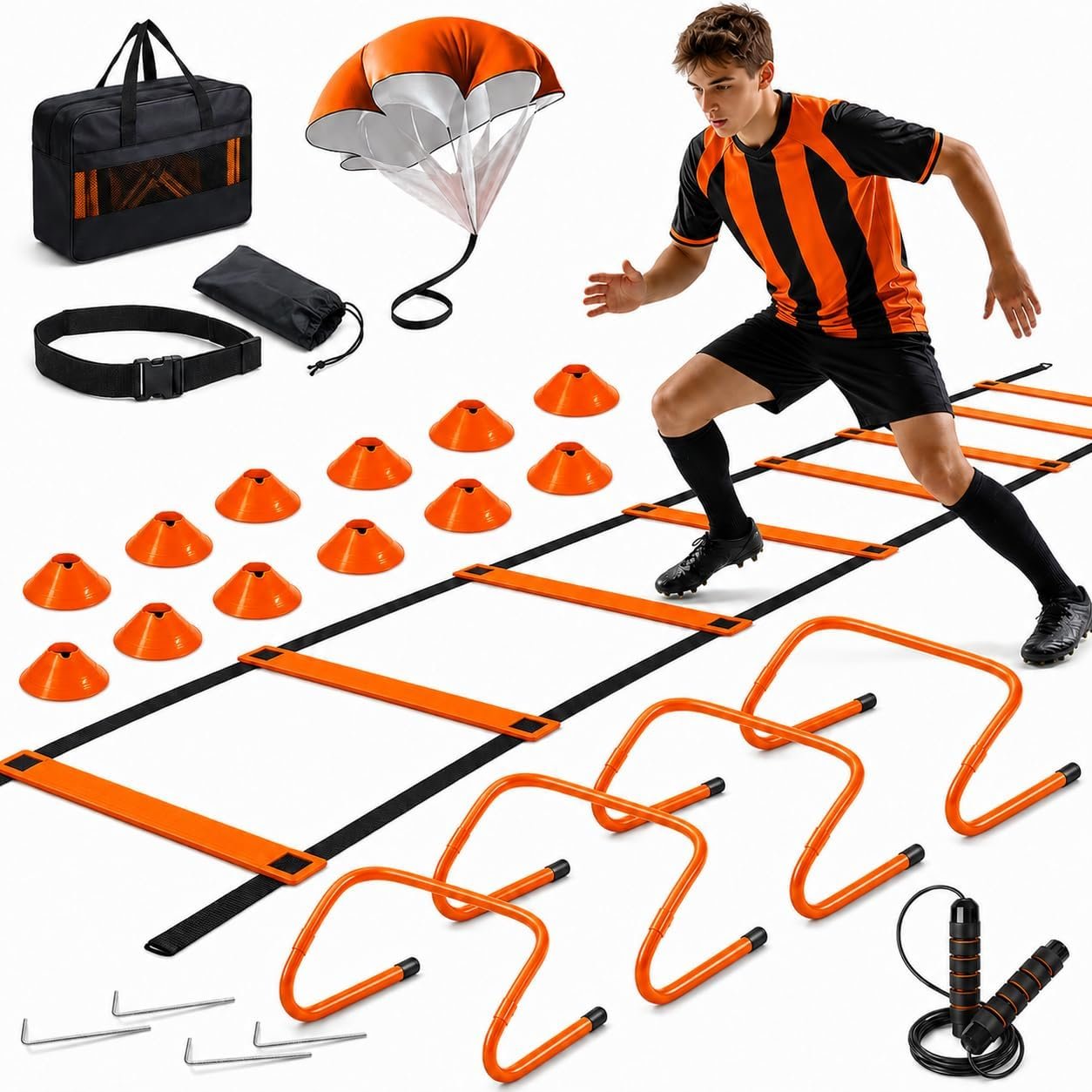 Simple Deluxe Agility Ladder Soccer Training Equipment Set, 20ft Speed Ladder 4 Adjustable Hurdles, Speed Resistance Parachute, 12 Soccer Cones, Jump Rope & Ground Stakes (Orange-Nylon)