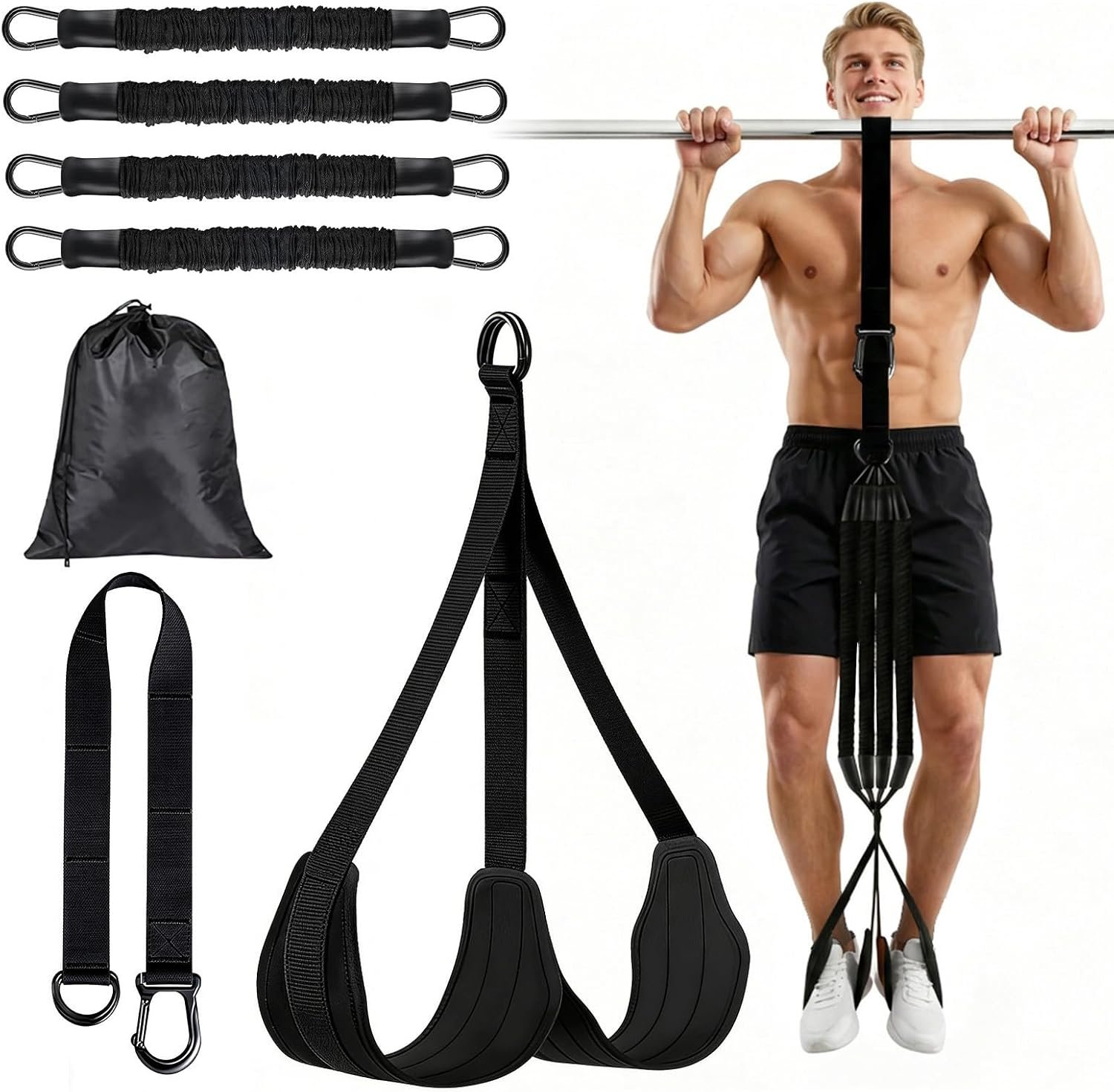4 Pull Up Assistance Bands with Foot Rests, Extension Strap | Adjustable Resistance Bands for Home Gym, Pull Ups and Strength Training, Suitable for Beginners, Full-Body Workouts