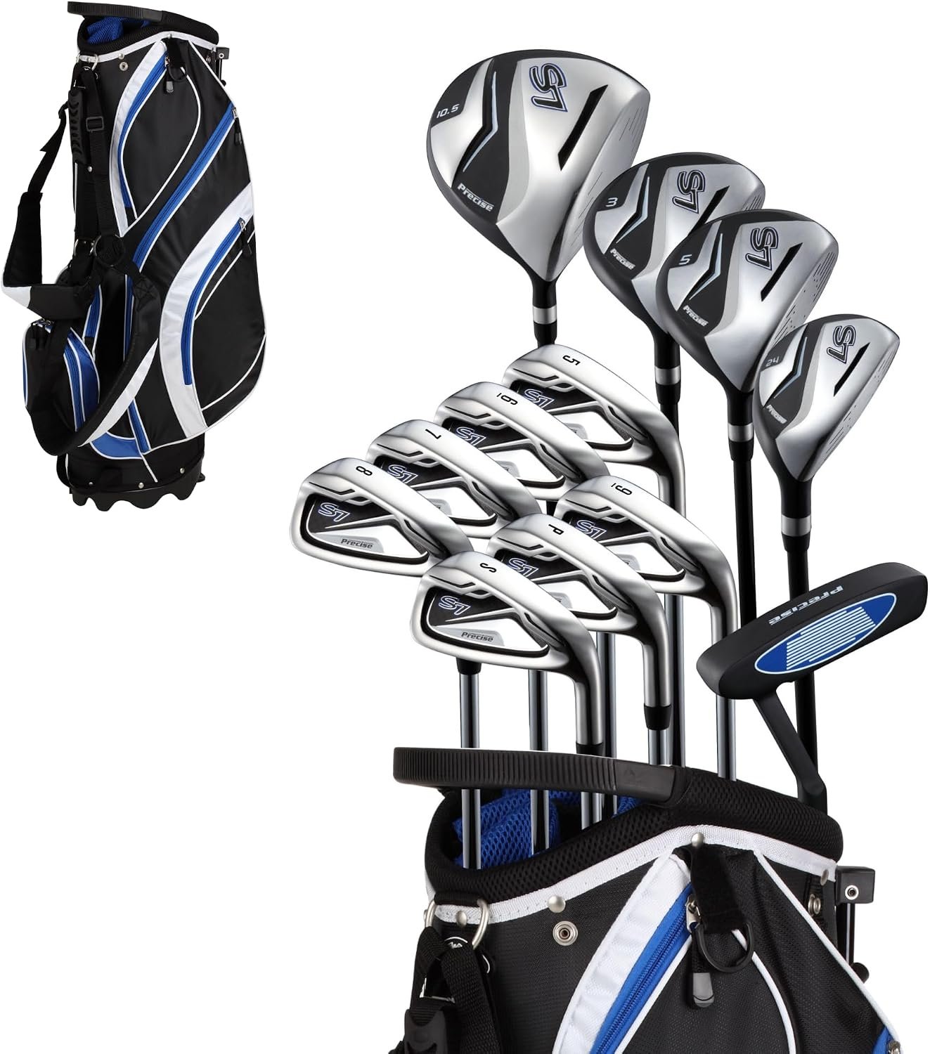 Precise S7 Men’s 18-Piece Complete Golf Club Set – Titanium Driver, Fairway Woods, Hybrid, 5-SW Irons, Putter & Stand Bag, Right Handed